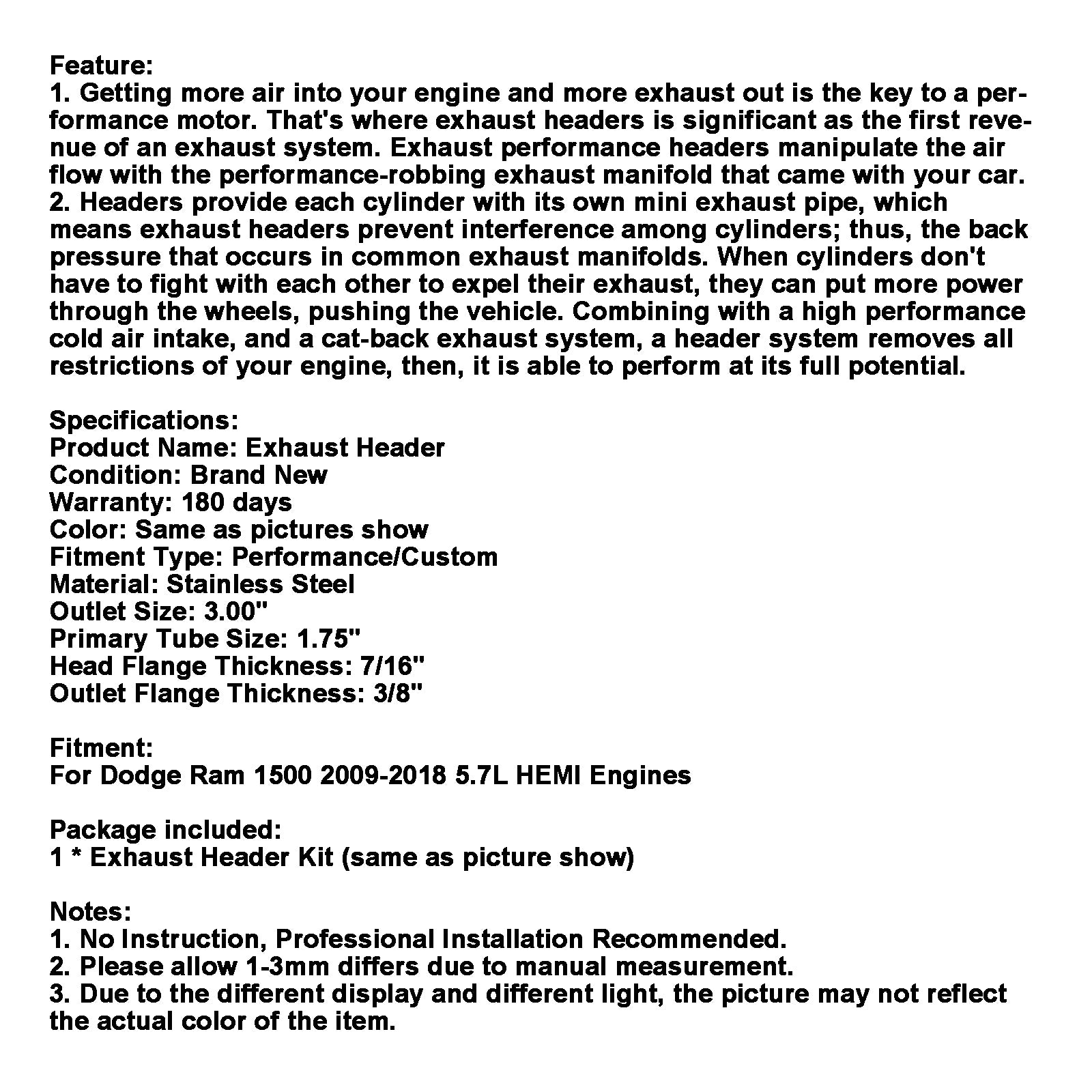 Dodge Ram 5.7L HEMI Uitlaatspruitstuk - Roestvrij staal, Uitlaat 3", Buizen 1.75" - 2009-2018