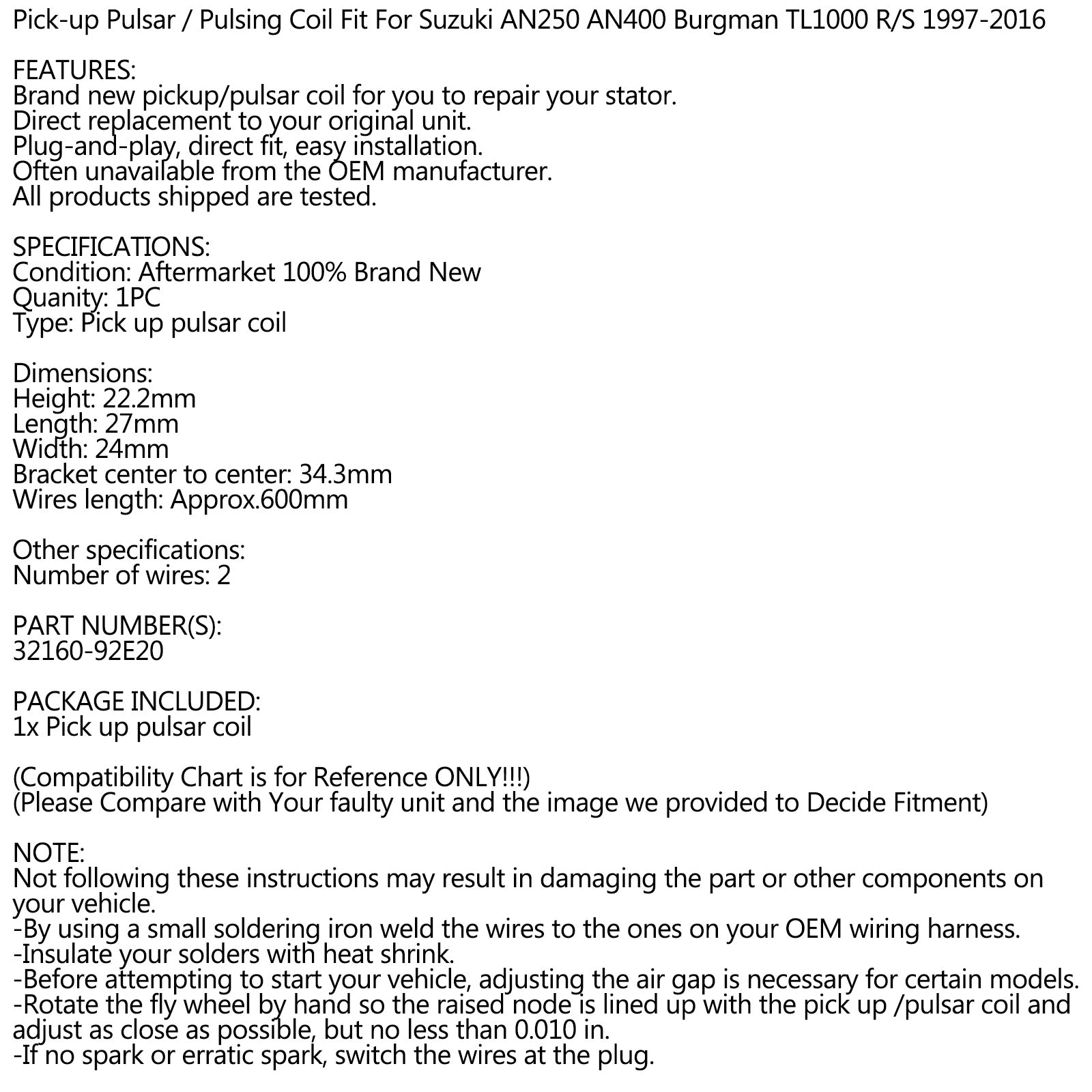 Pickup Puls Dynamo voor Suzuki AN250 AN400 Burgman TL1000 R/S 1998-2016
