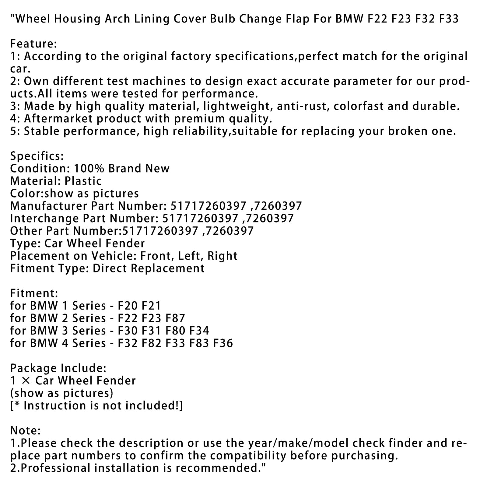 Copertura passaruota, copertura sostituzione lampadina per BMW F22 F23 F32 F33