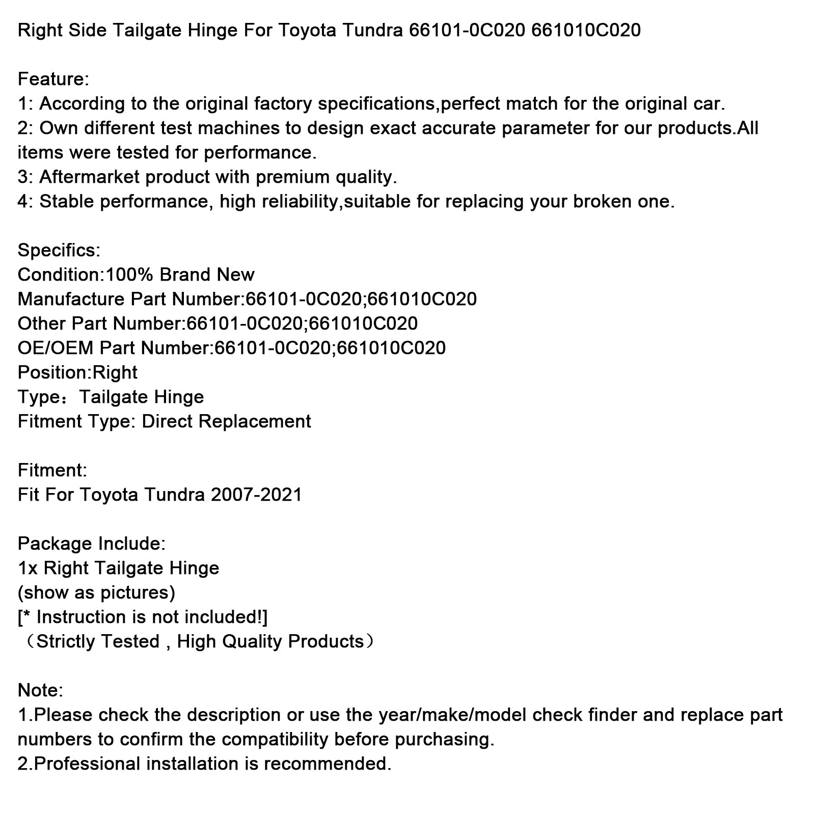 Charnière de hayon droite pour Toyota Tundra 2007-2021 66101-0C020 ?661010C020