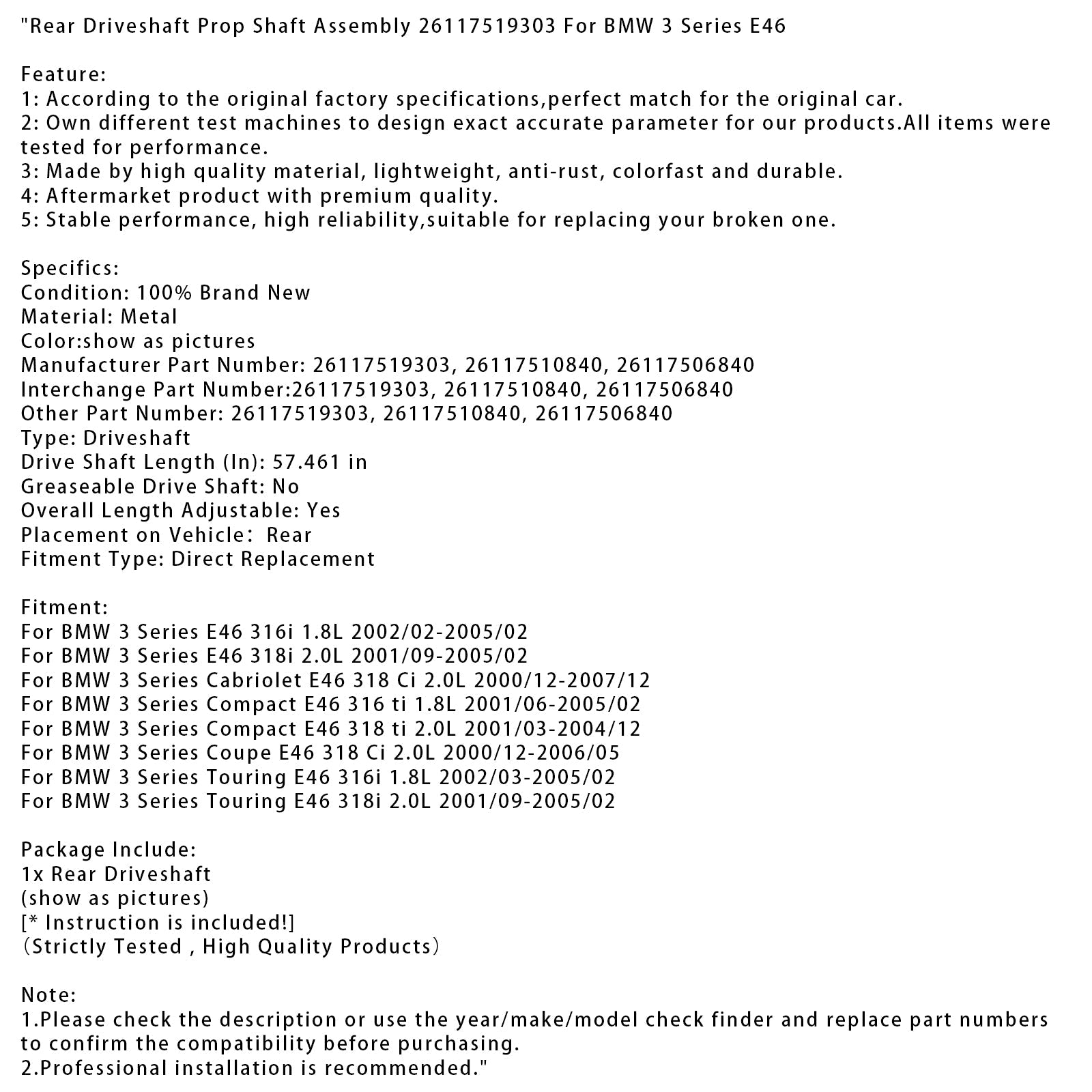 Tylna wał transmisyjna 26117519303 dla BMW 3 serii Coupé E46 318 CI 2.0L (grudzień 2000 - marzec 2006)