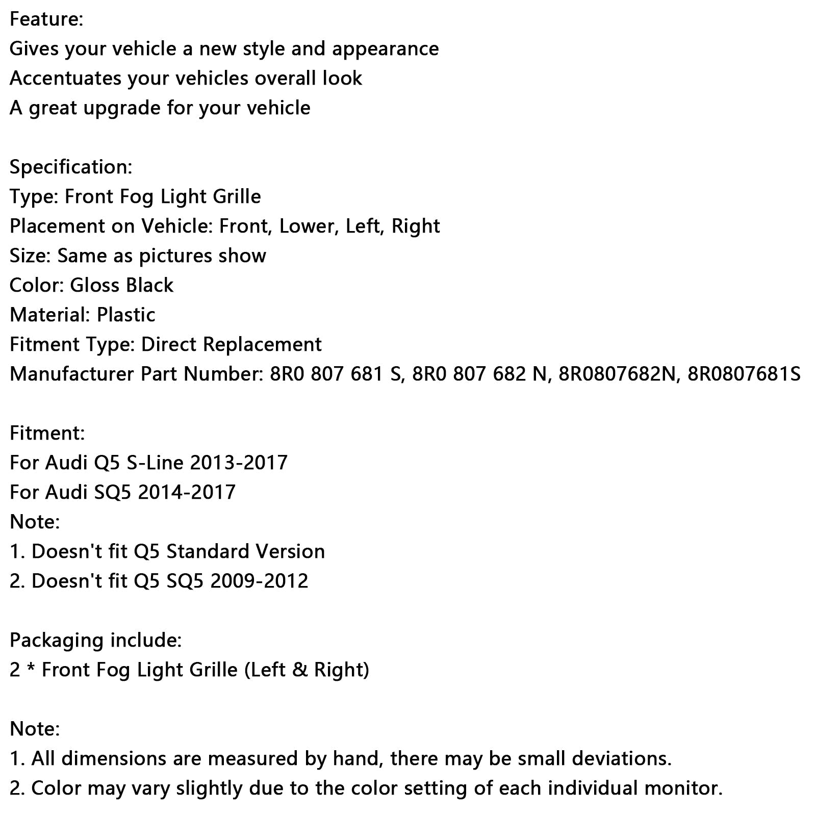 Black Front Fog Light Grille voor Audi Q5 S-Line SQ5 2013-2017