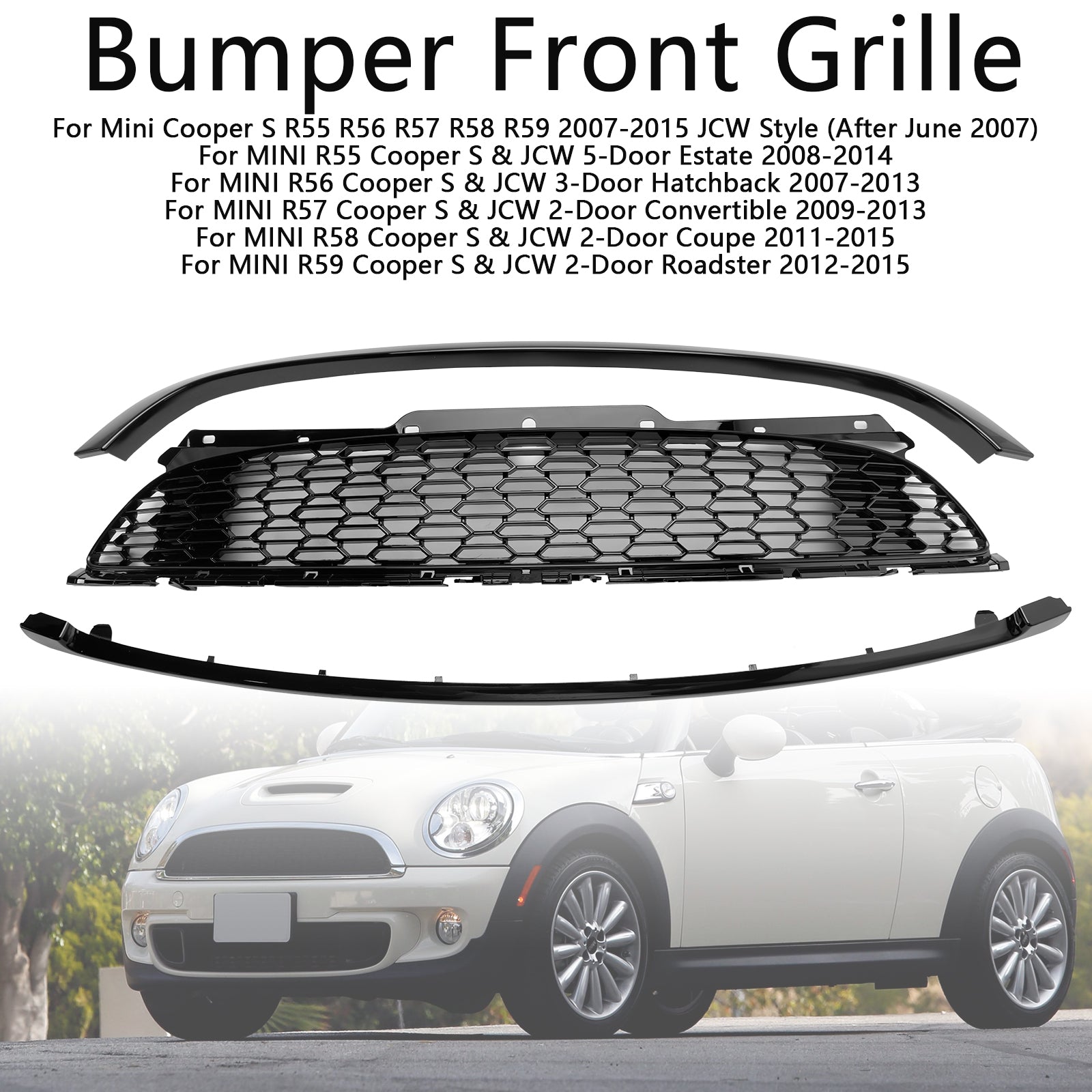 Parrilla frontal negra brillante 3 piezas para MINI R58 Cooper S y JCW Coupe de 2 puertas 2011-2015