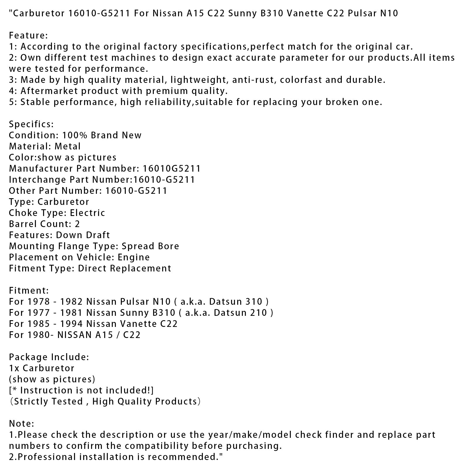 Carburatore 16010-G5211 per Nissan Sunny B310 1977-1981