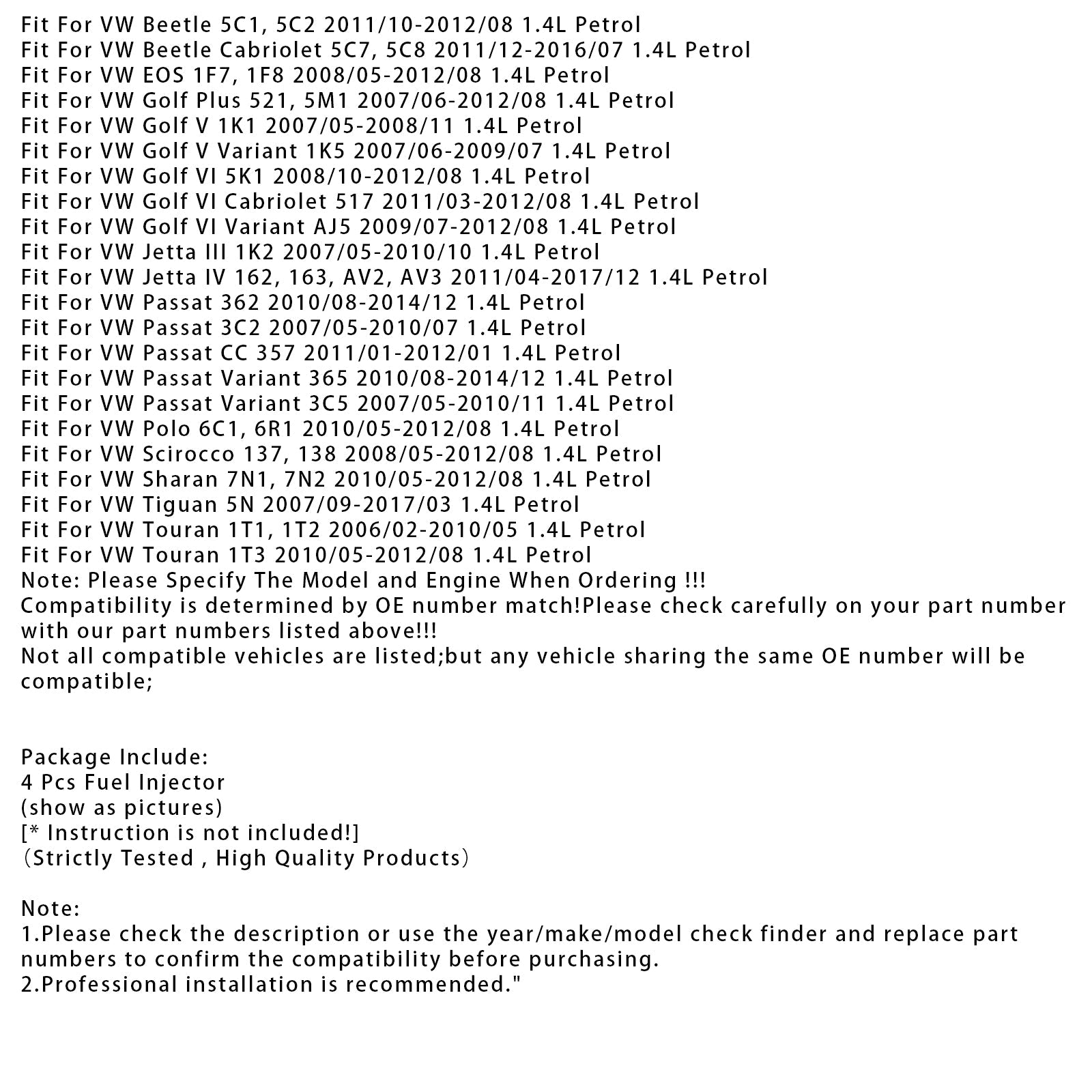 4 pezzi iniettore di carburante per VW Golf V VI Polo Audi A1 1.4L 03C906036E 03C906036M