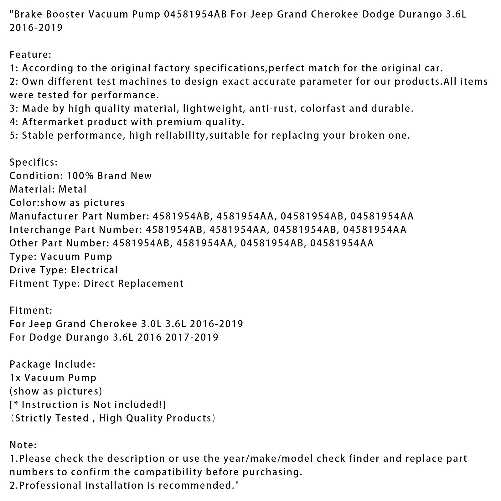 Bomba de vacío de asistencia de frenado para Dodge Durango 3.6L (2016-2019) - Números de pieza :04581954AB y 04581954AA
