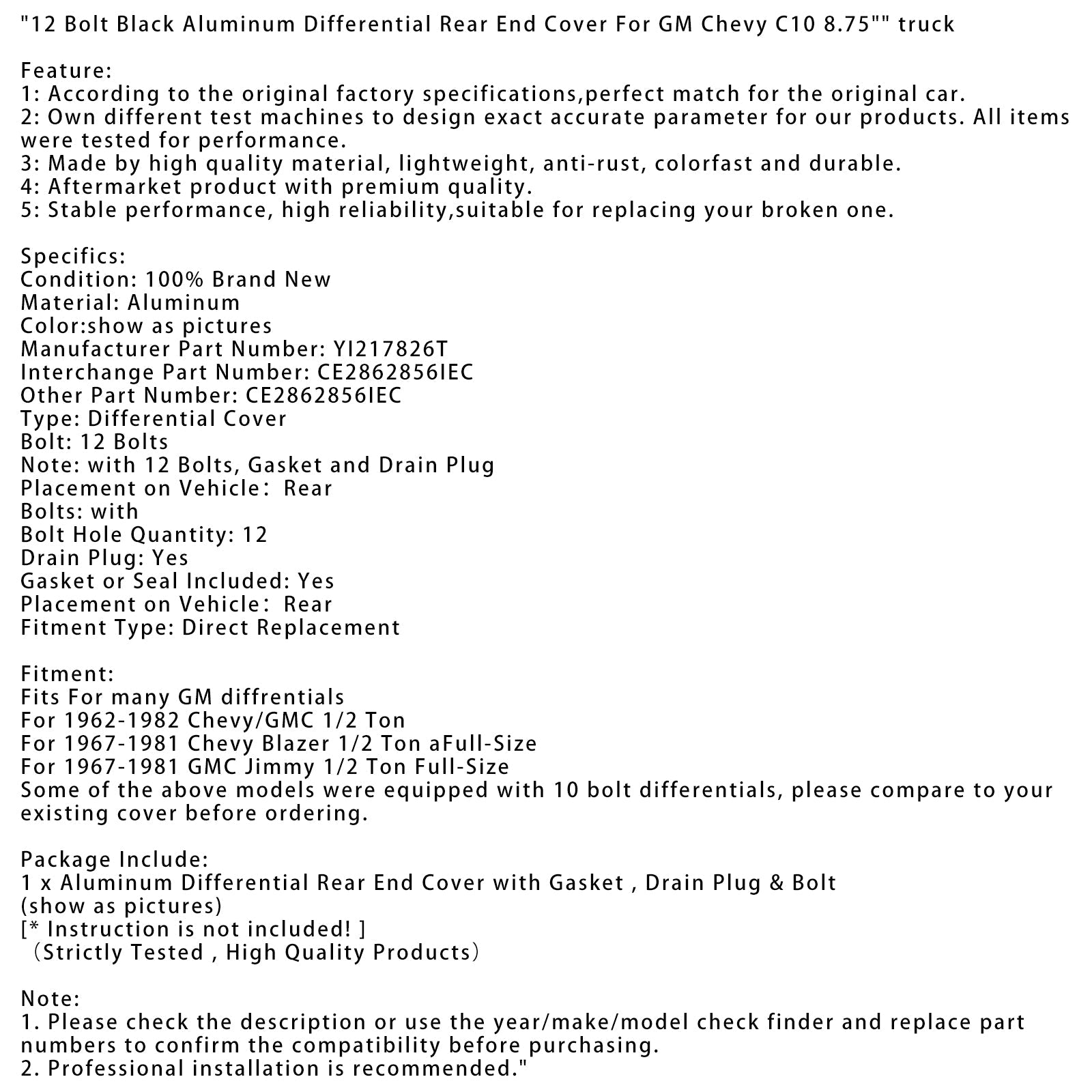 1967-1981 Chevy Blazer 1/2 tonne aFull-Size 12 boulons couvercle d'extrémité arrière différentiel en aluminium noir YI217826T CE2862856IEC