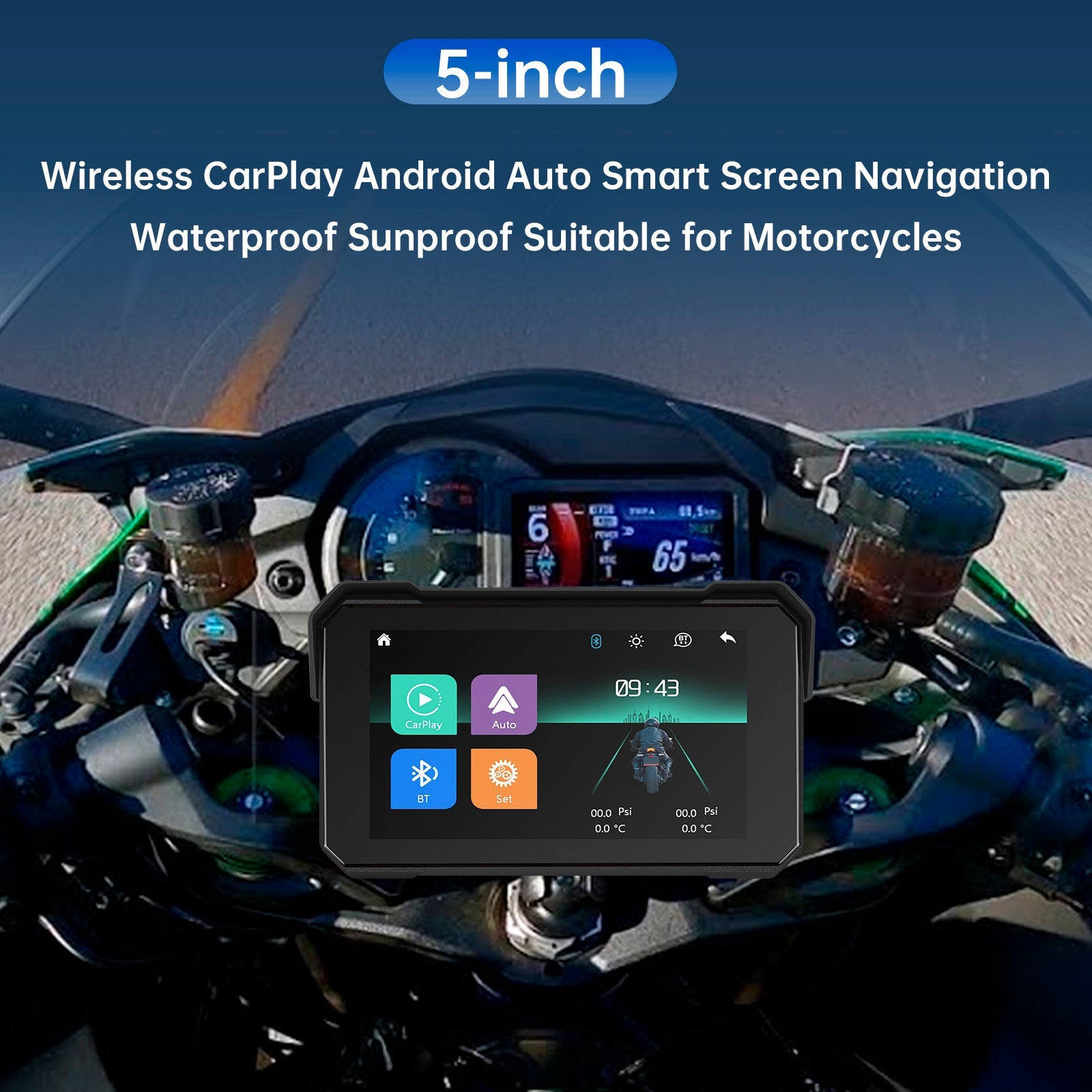 5 tuuman CarPlay Android Auto vedenpitävä langaton navigointimoottori moottoripyörille