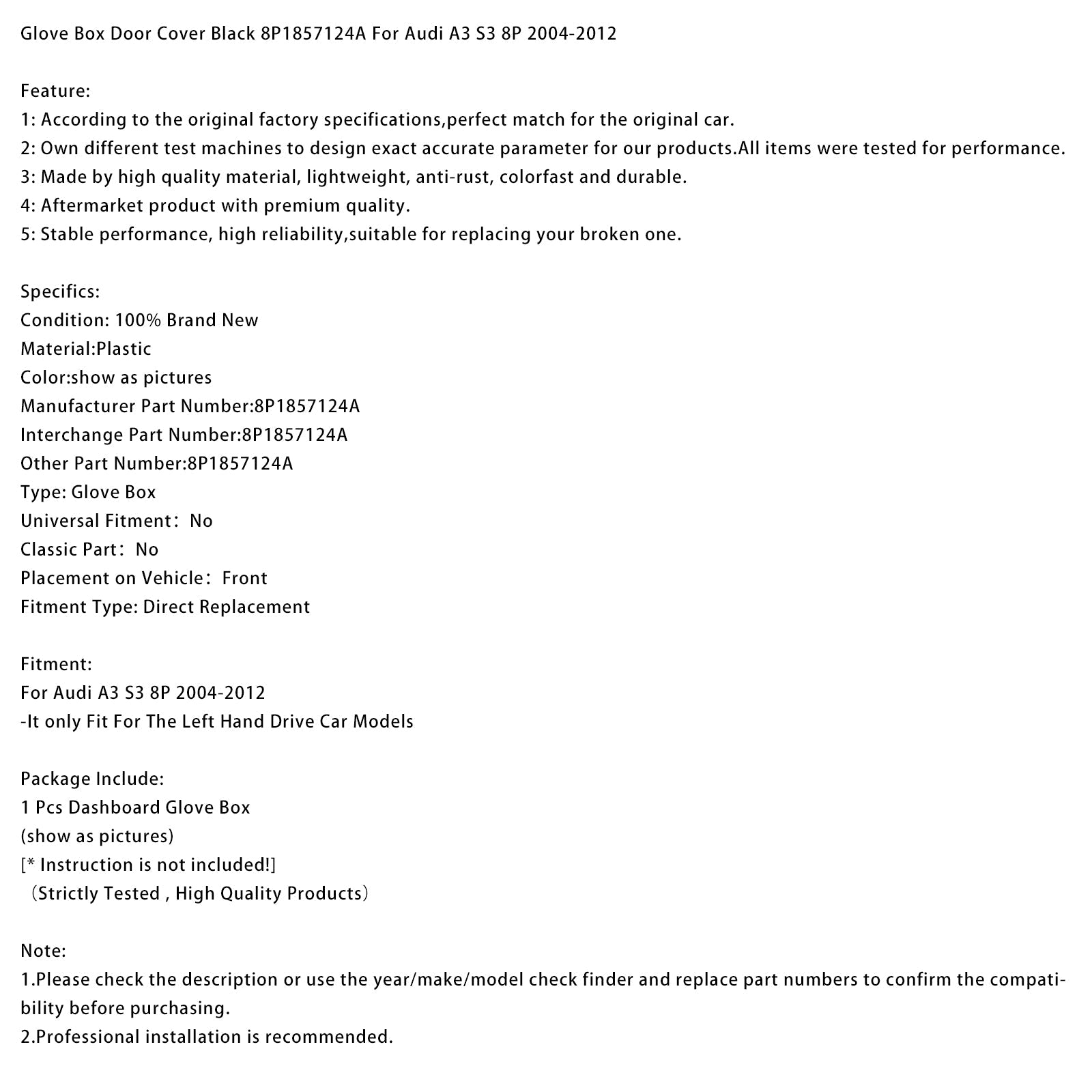 Coperchio nero del vano portaoggetti per Audi A3 S3 8P (2004-2012) - Codice articolo : 8P1857124A