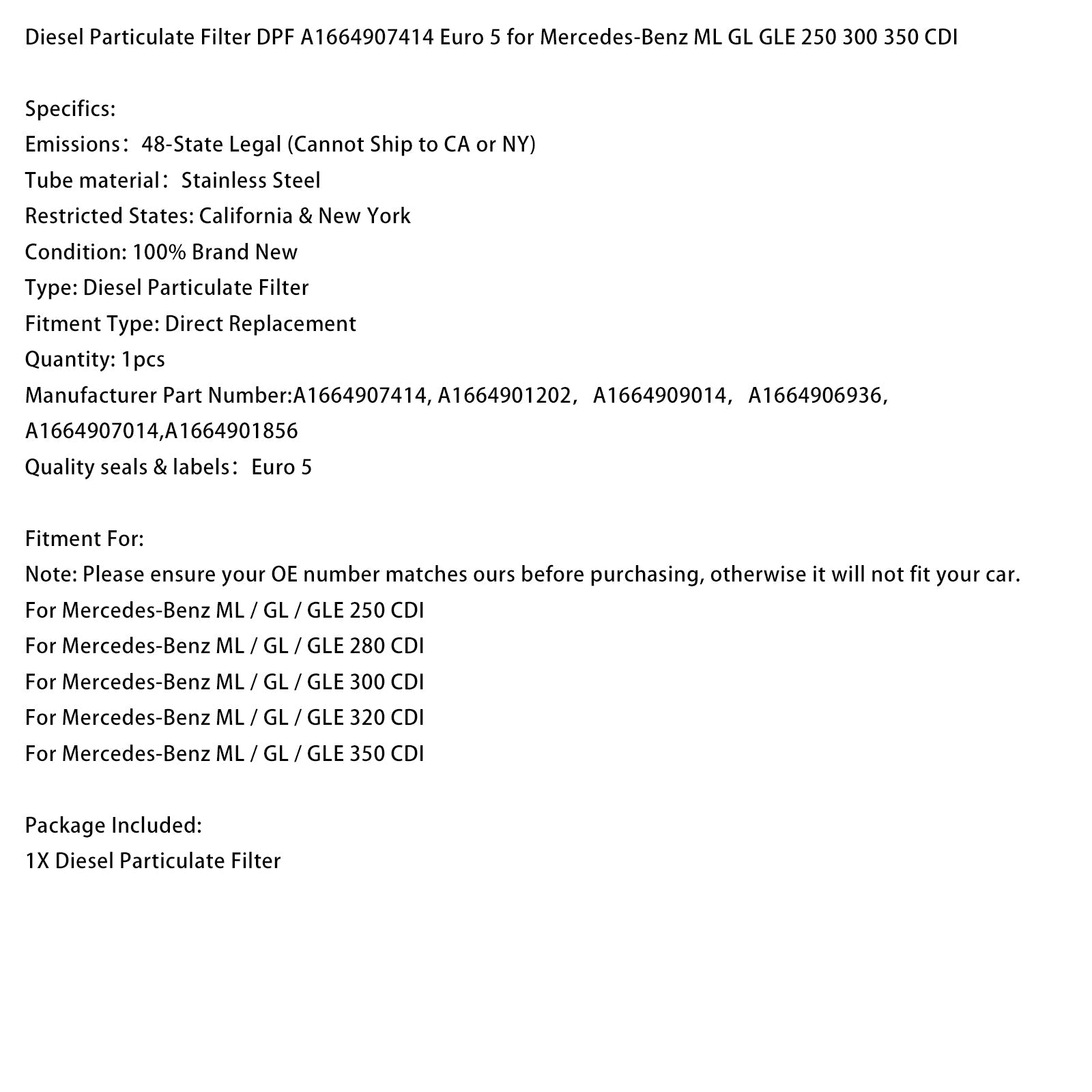 Filtre à particules diesel (FAP) Mercedes-Benz ML GL GLE 250 300 350 CDI, référence A1664907414, Euro 5