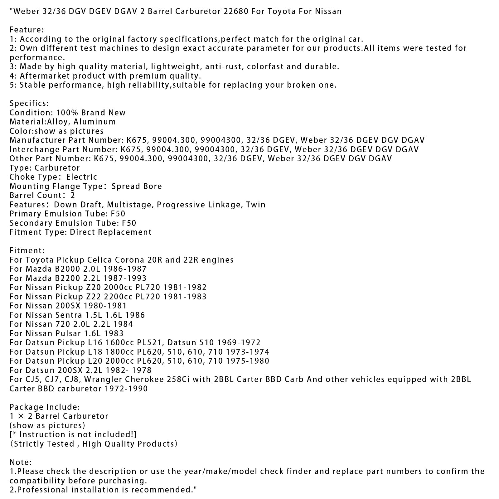 Nissan Sentra 1986 1,5 L 1,6 L Weber 32/36 DGV DGEV DGAV Carburateur à 2 corps 22680