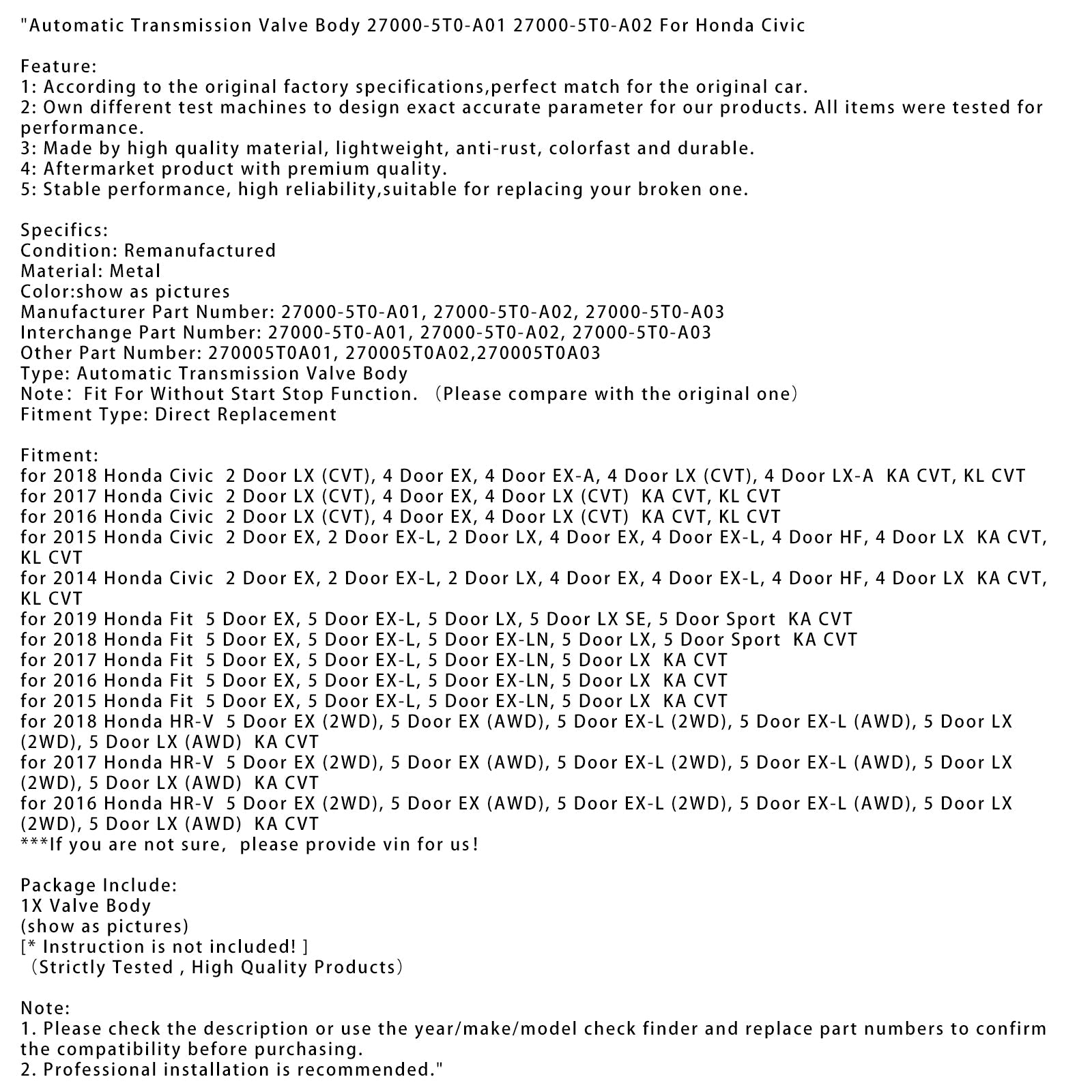 Samodejni menjalni ventil Body 27000-5T0-A01 27000-5T0-A02 za Honda Civic