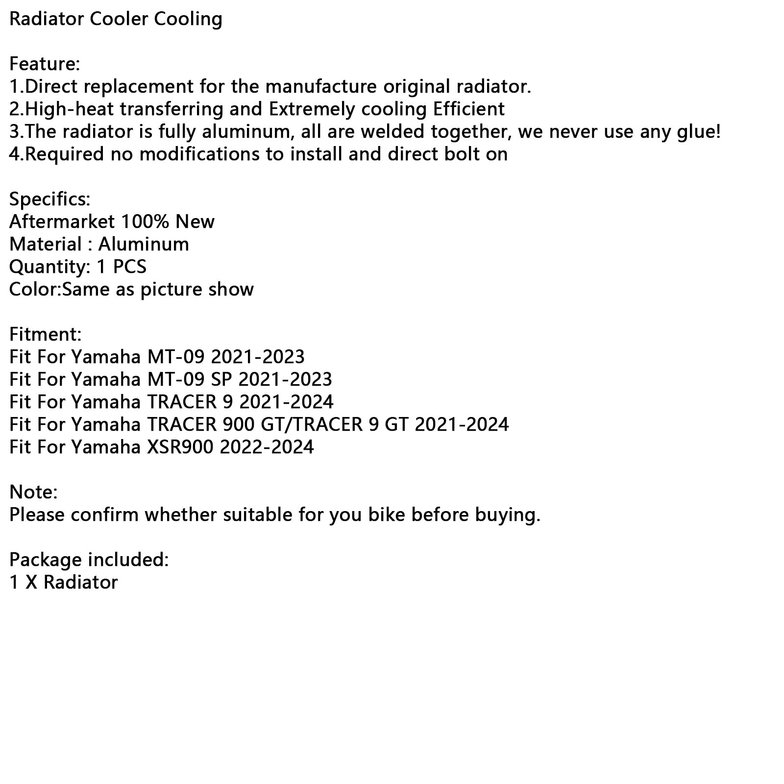 Refroidisseur de moteur de refroidissement de radiateur Yamaha XSR900 2022-2024