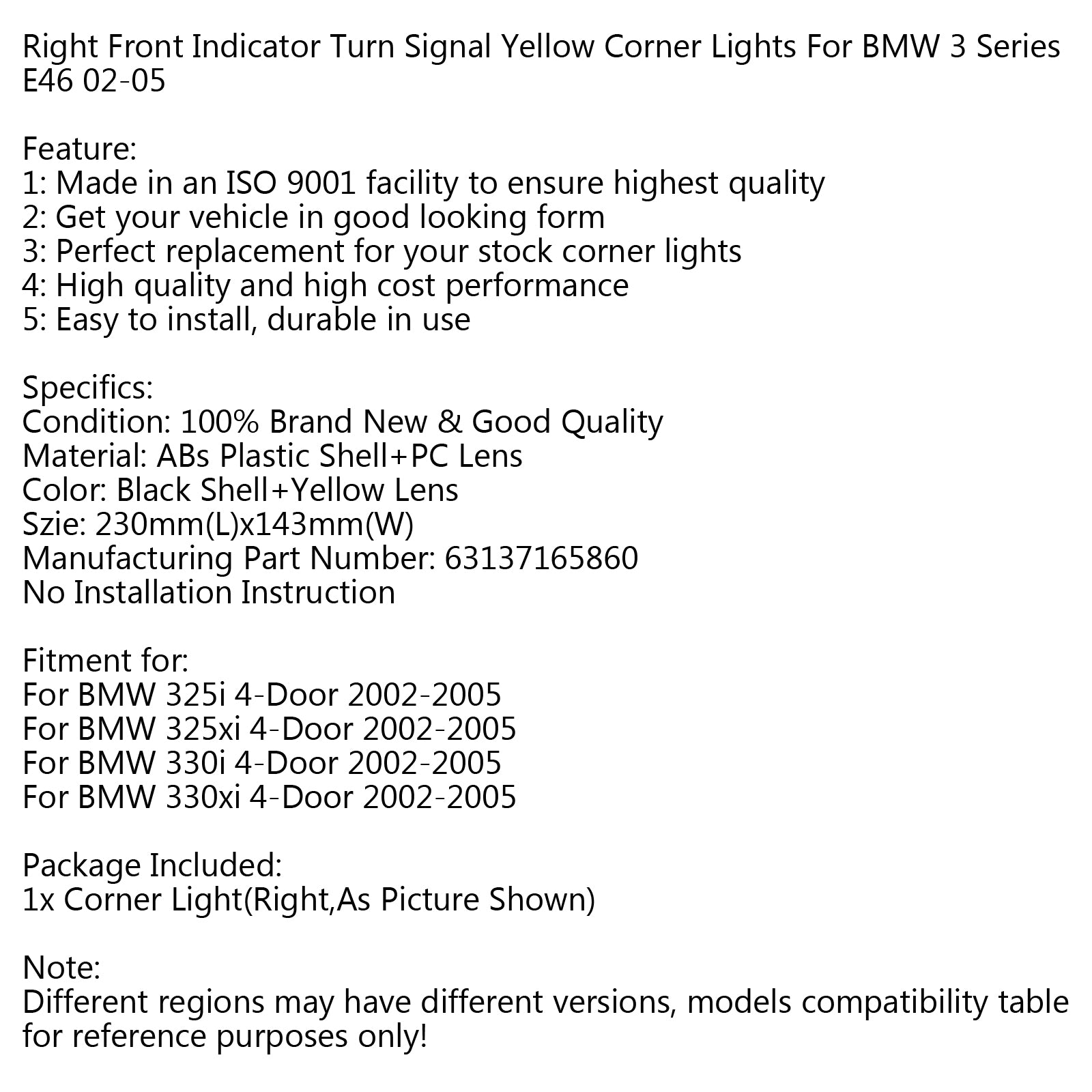 Right Front Indicator Turn Signal Yellow Corner Light Fit For BMW 3 Series E46 02-05