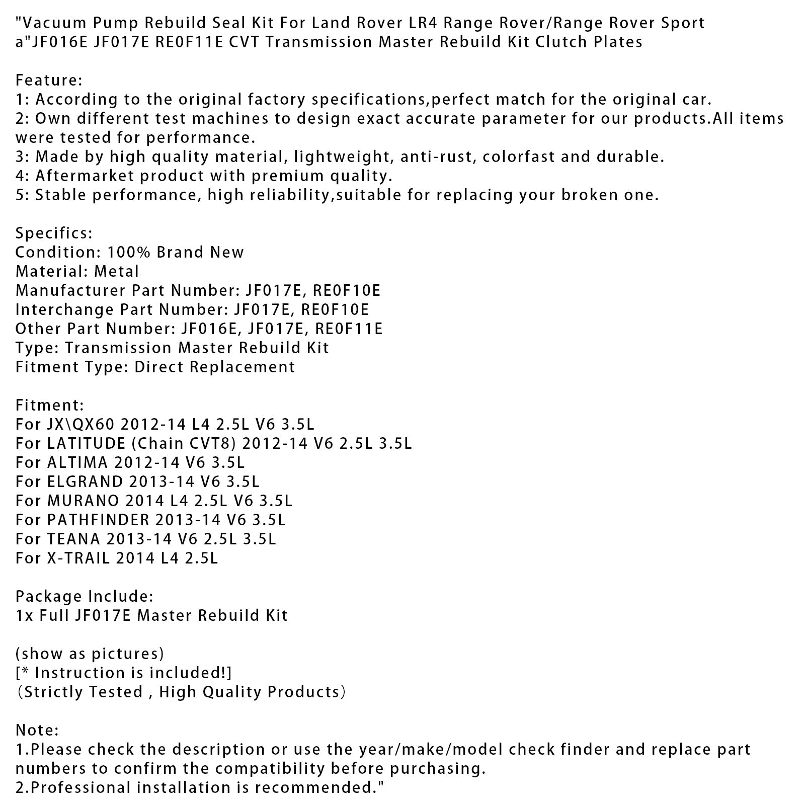 Teana V6 2.5L 3.5L CVT 2013-2014 Hoofdtransmissie Revisieset, D-schijven'koppeling F016E JF017E RE0F11E