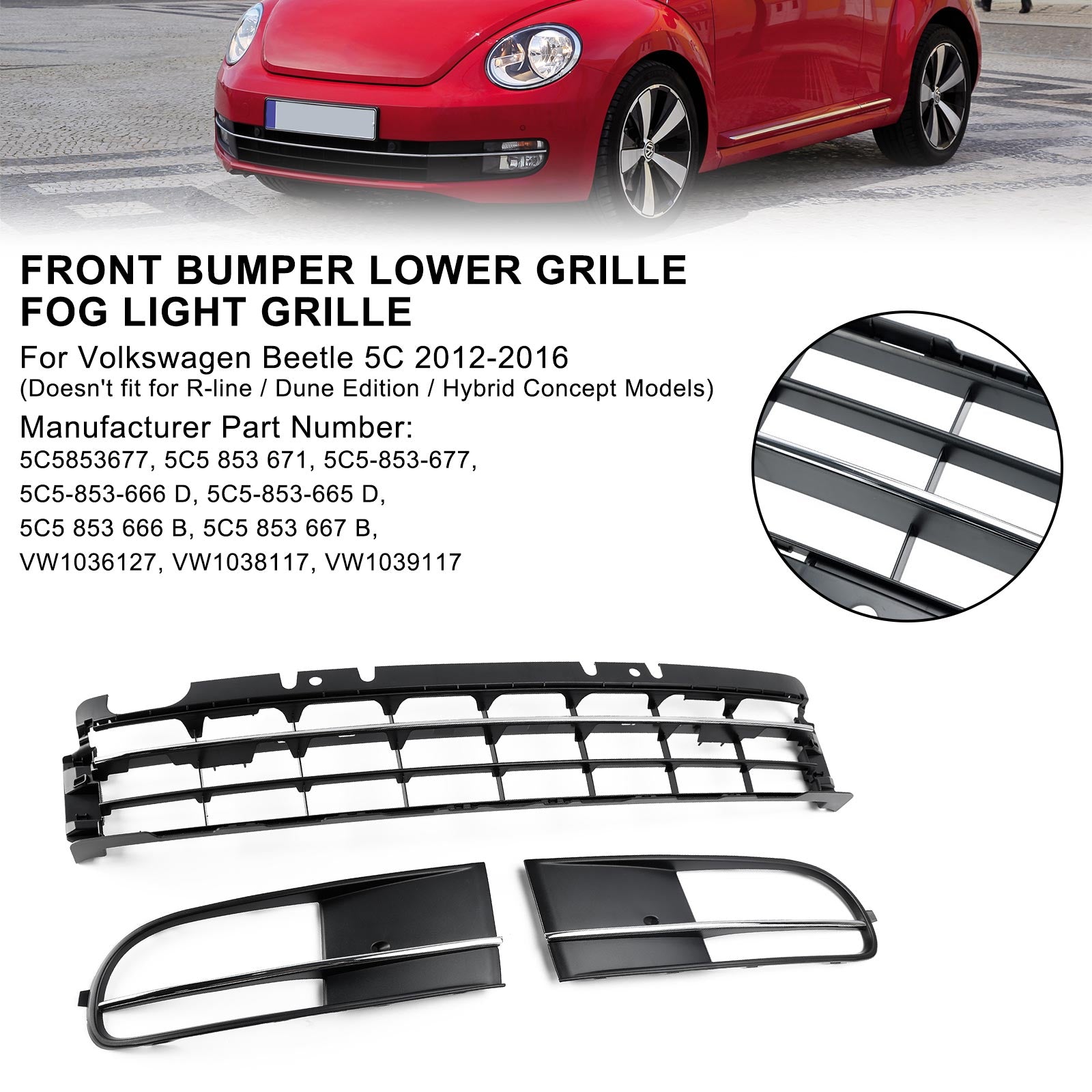 VW Beetle 2012-2016 con rejilla inferior para parachoques delantero + rejilla de luz antiniebla cromada