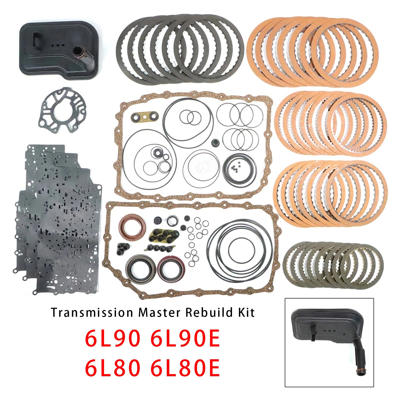 Kit de réfection complet pour transmissions 6L90, 6L90E, 6L80 et 6L80E, comprenant pistons, filtre et disques de friction.