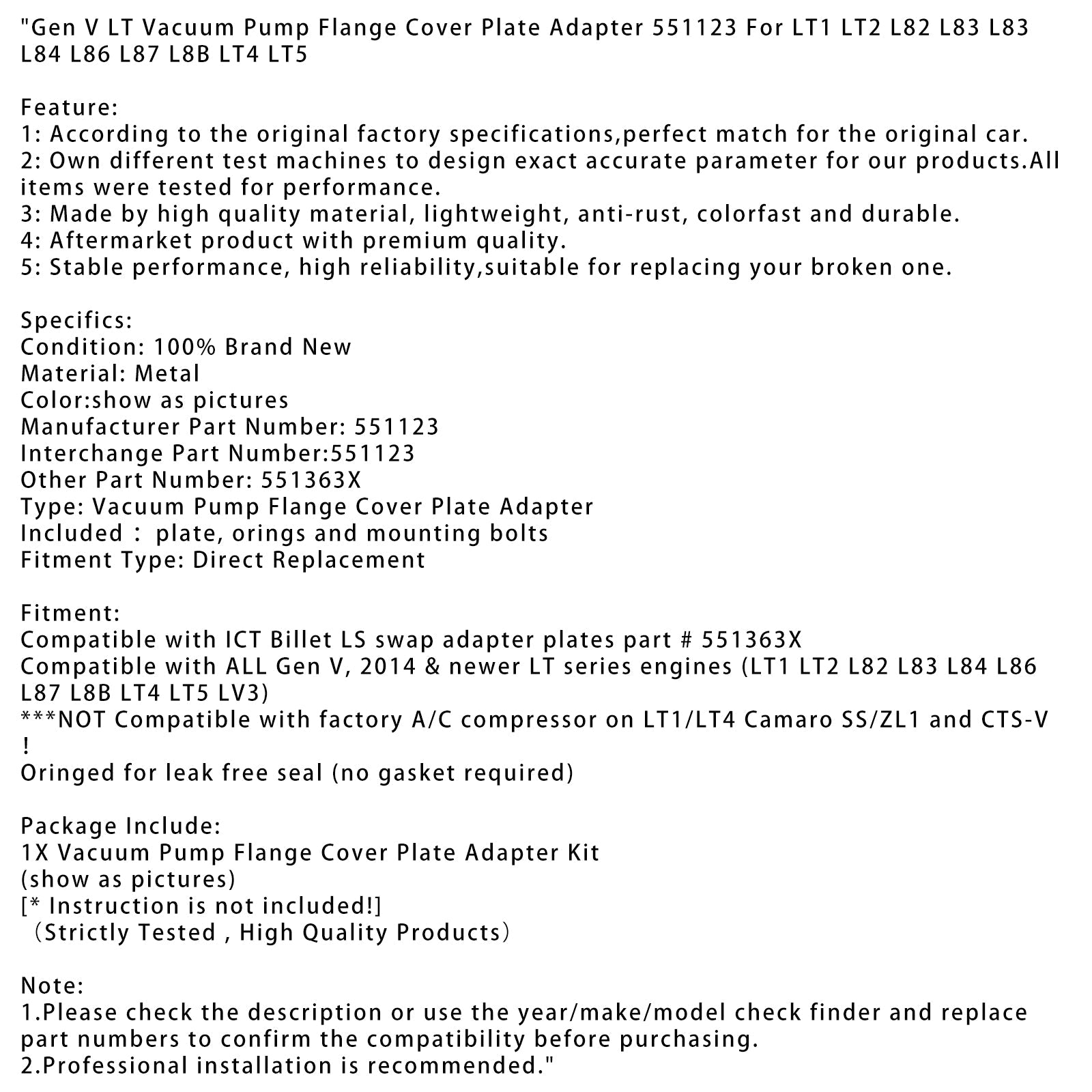 Adaptateur de plaque de recouvrement de bride pour pompe à vide Gen V LT 551123 pour LT1 LT2 L82 L83