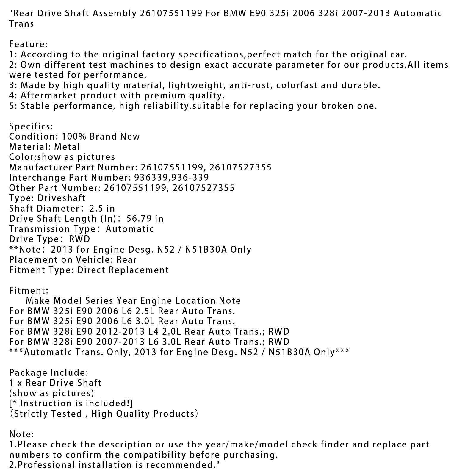 Komplet&Zadnja pogonska gred za BMW E90 325i 2006 328i 2007-2013 avtomatski menjalnik