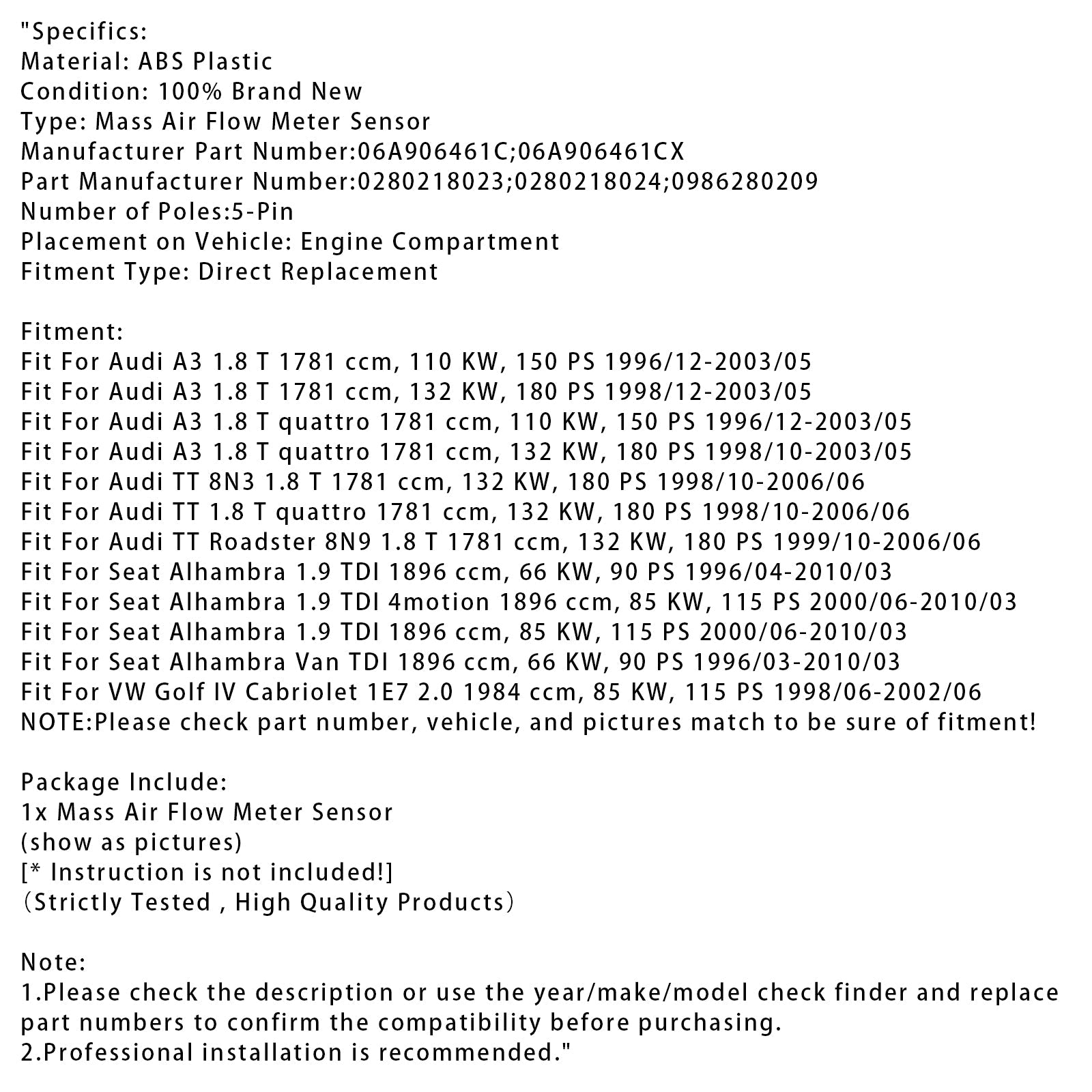 Sensor del medidor de flujo d'masa de aire para Audi A3 TT Volkswagen Cabriolet 06A906461C