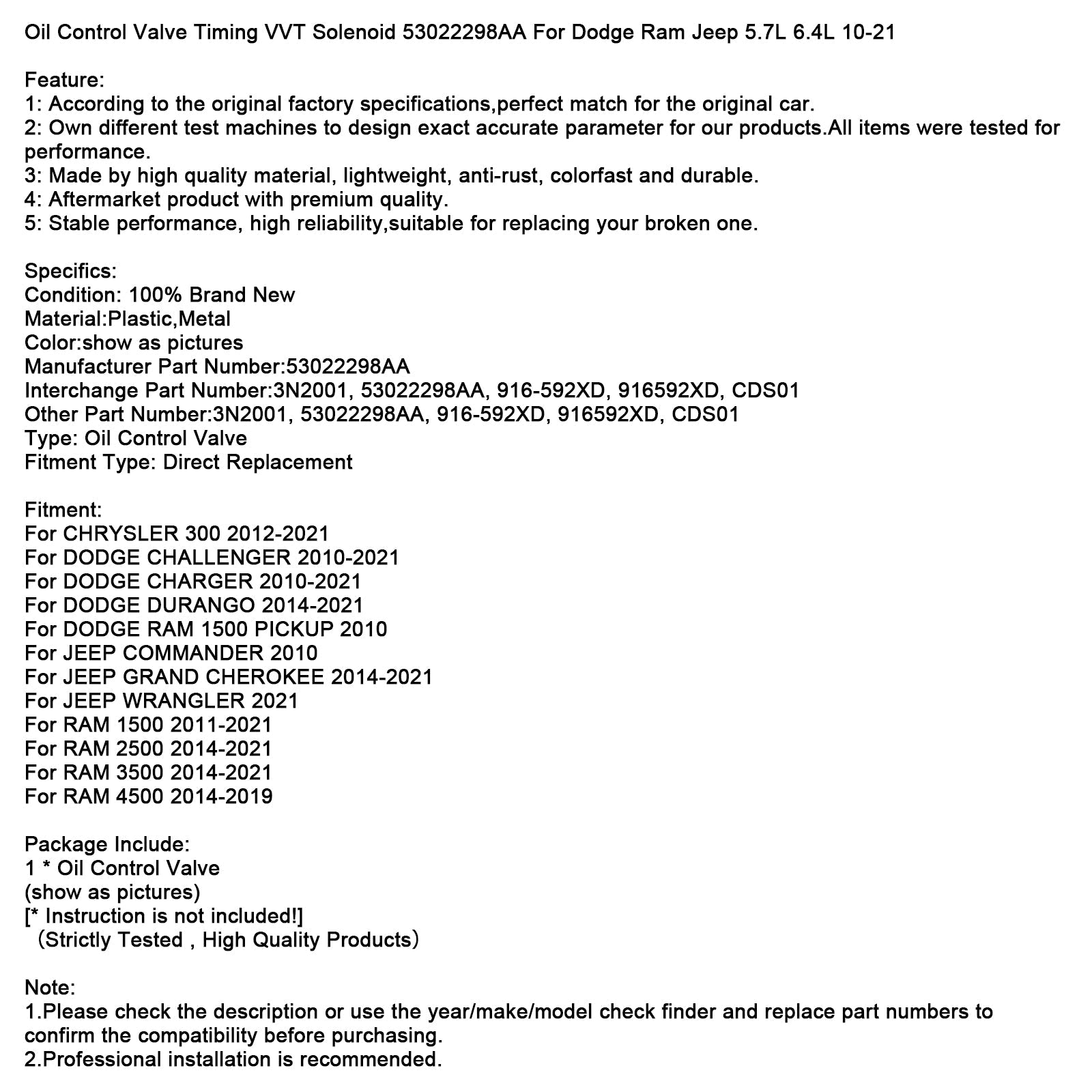 Électrovanne de régulation d'huile VVT 53022298AA pour Dodge Ram Jeep 10-21