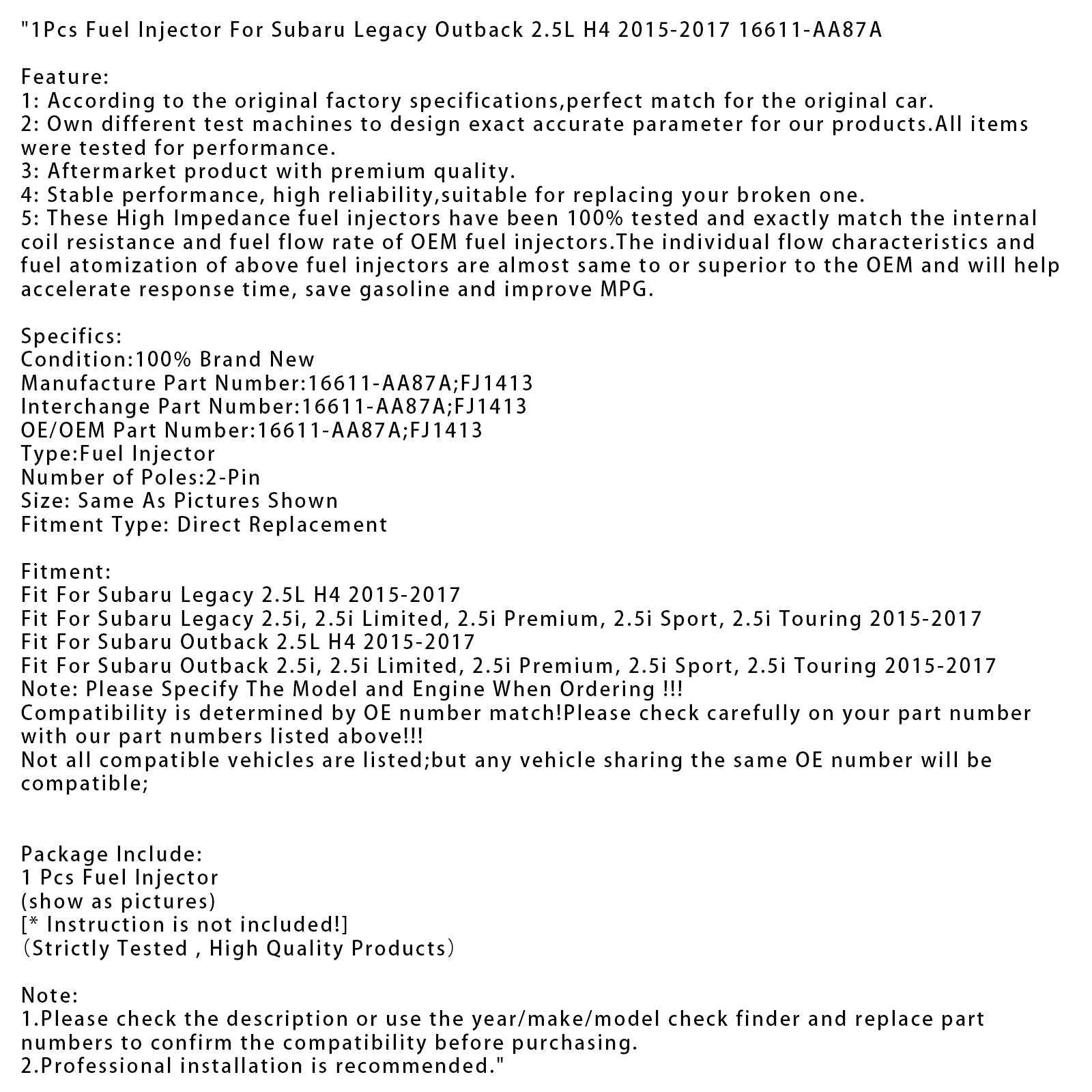 Injecteur de carburant (1 pièce) pour Subaru Legacy Outback 2.5L H4 (2015-2017), référence 16611-AA87A