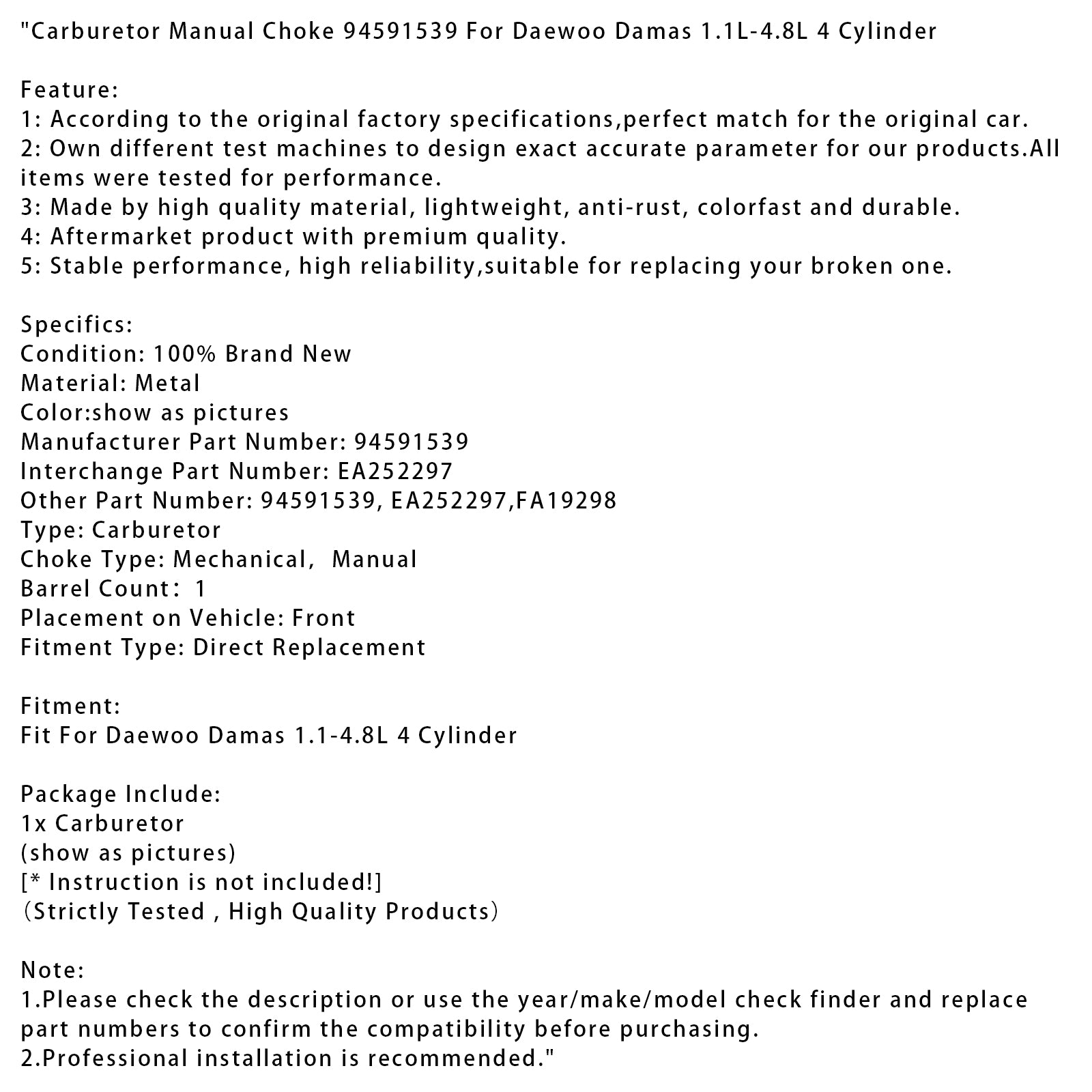 Choke manual de carburador 94591539 para Daewoo Damasco 1.1L-4.8L 4 Cilindro