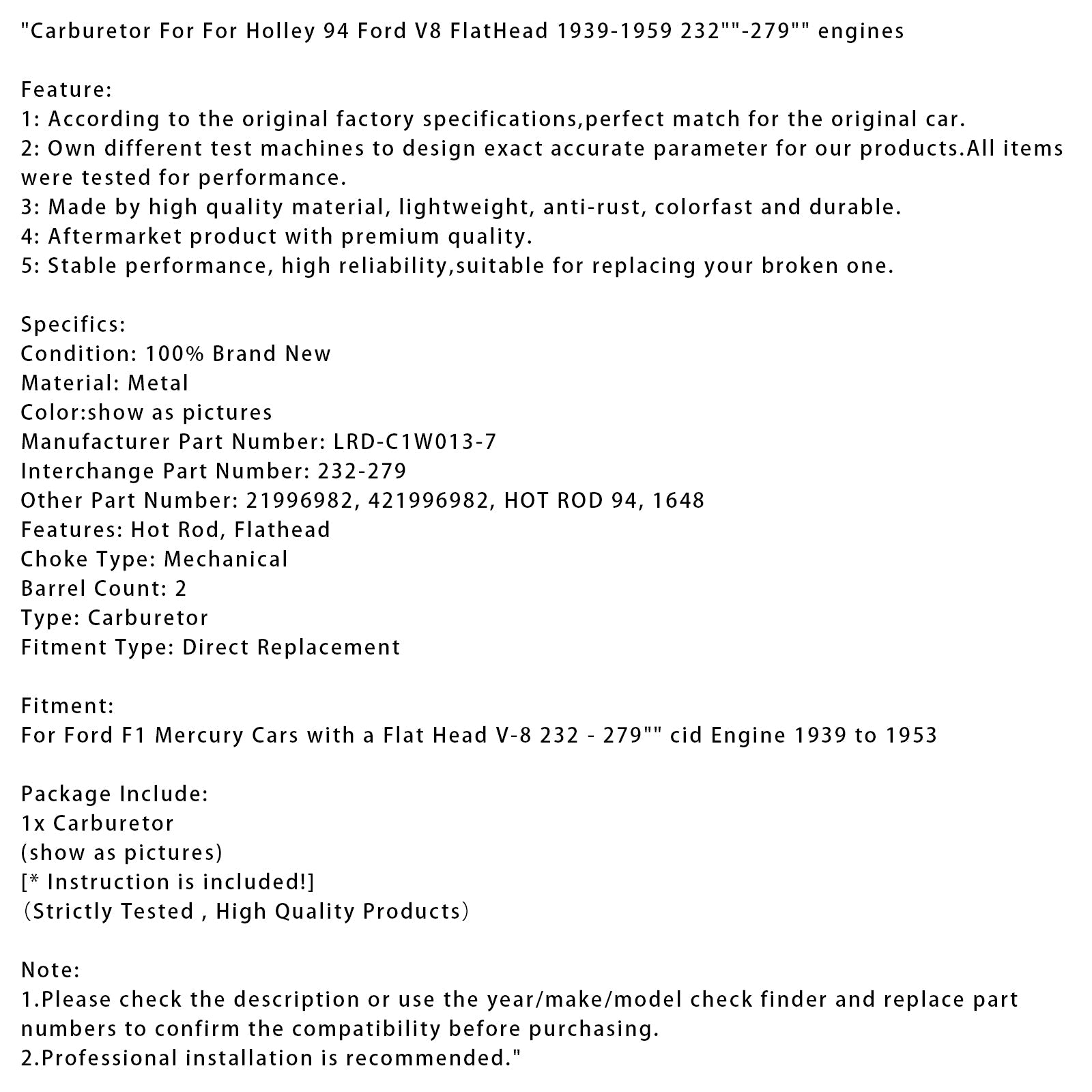 Silniki gaźnikowe Holley Flathead V8 Ford 94 z lat 1939-1959, 232""-279""