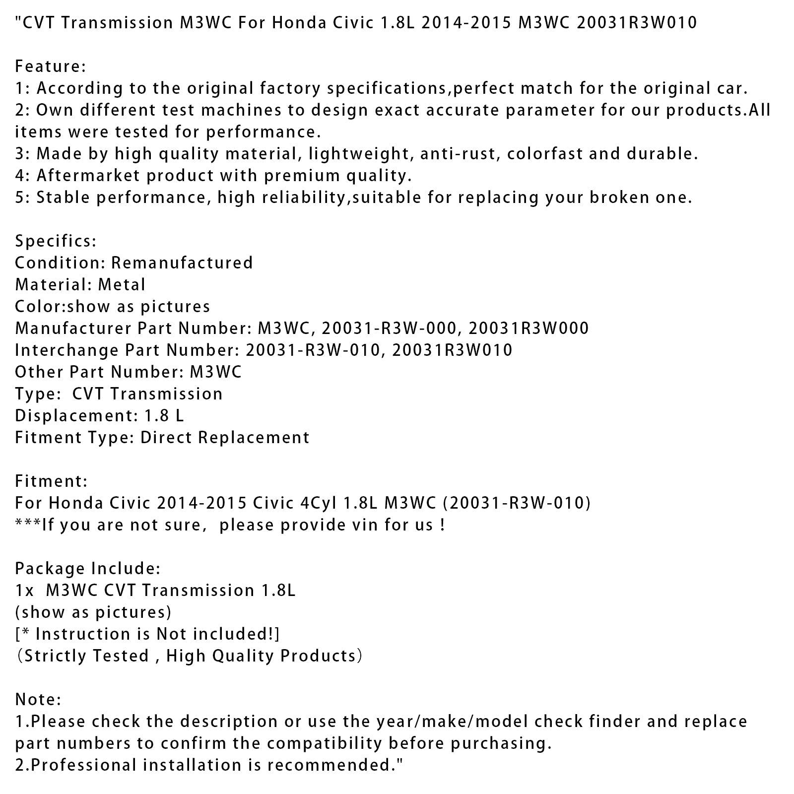 Transmission CVT M3WC 1.8L pour Honda Civic 2014-2015 (M3WC 20031R3W010)