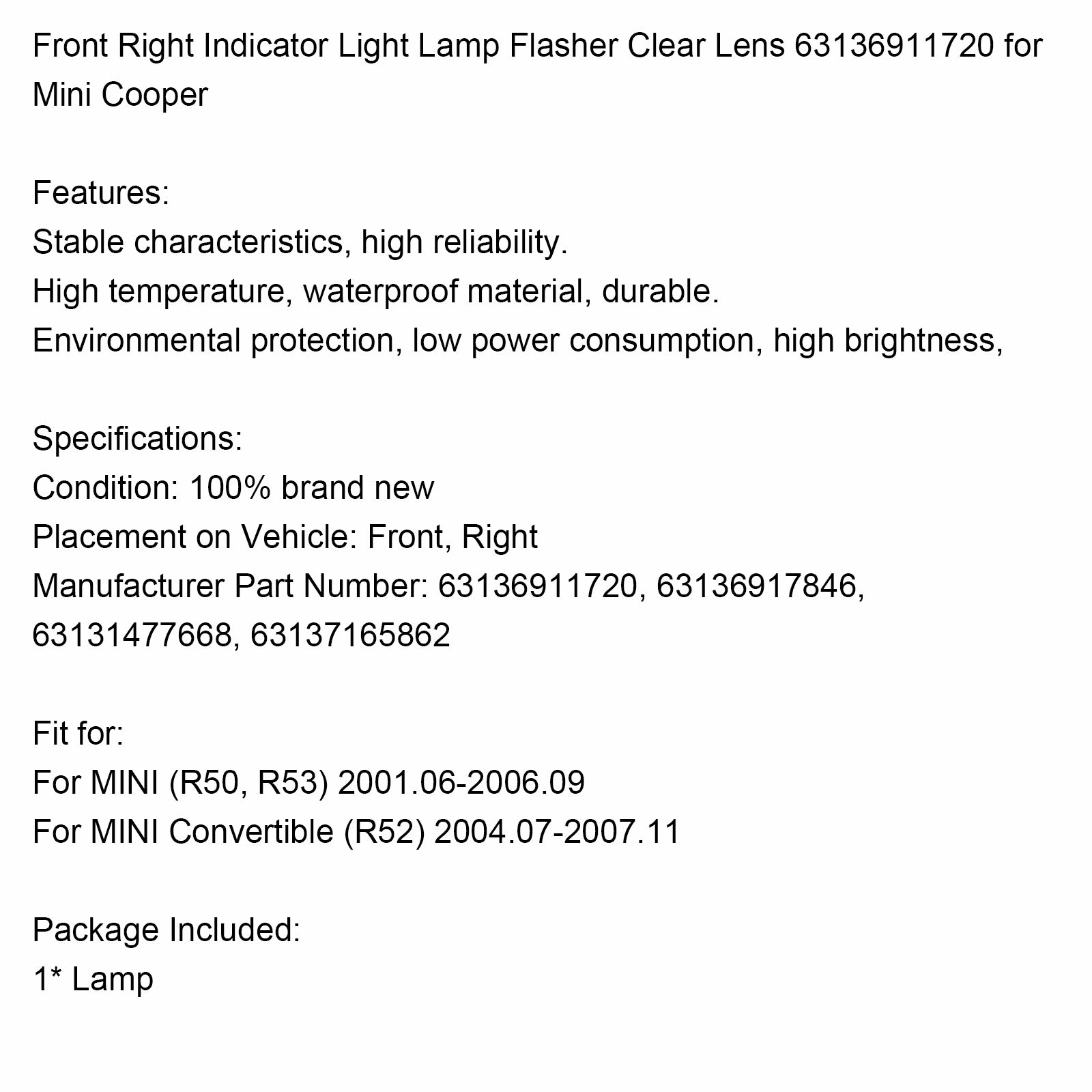 Richtingaanwijzer rechtsvoor, heldere lens 63136911720 voor Mini Cooper