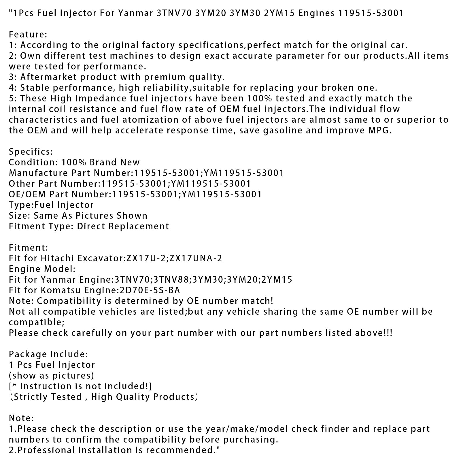 1 injecteur de carburant pour moteurs Yanmar 3TNV70, 3YM20, 3YM30 et 2YM15 (référence 119515-53001)