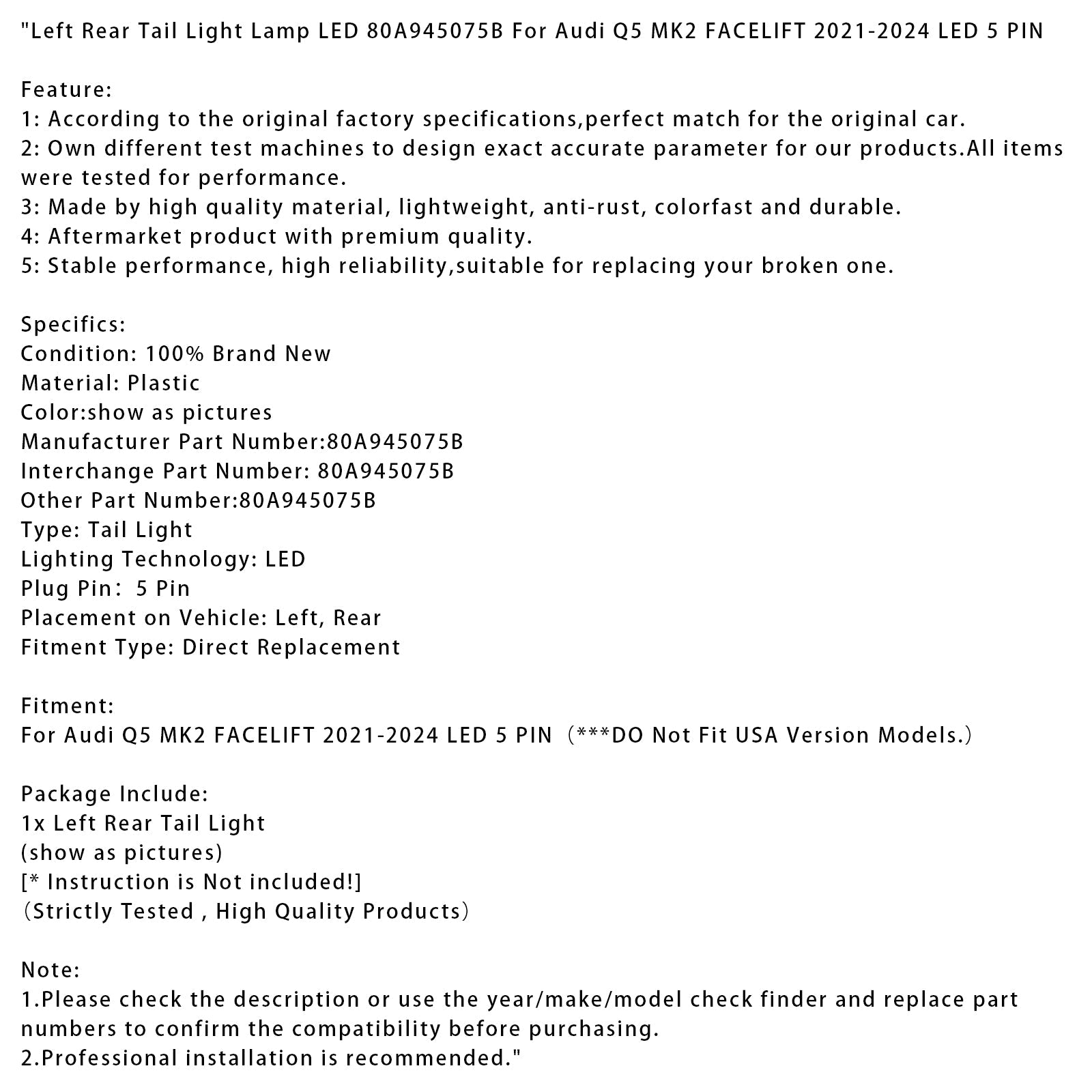 Feu arrière gauche à LED pour Audi Q5 MK2 restylée (2021-2024), 5 broches