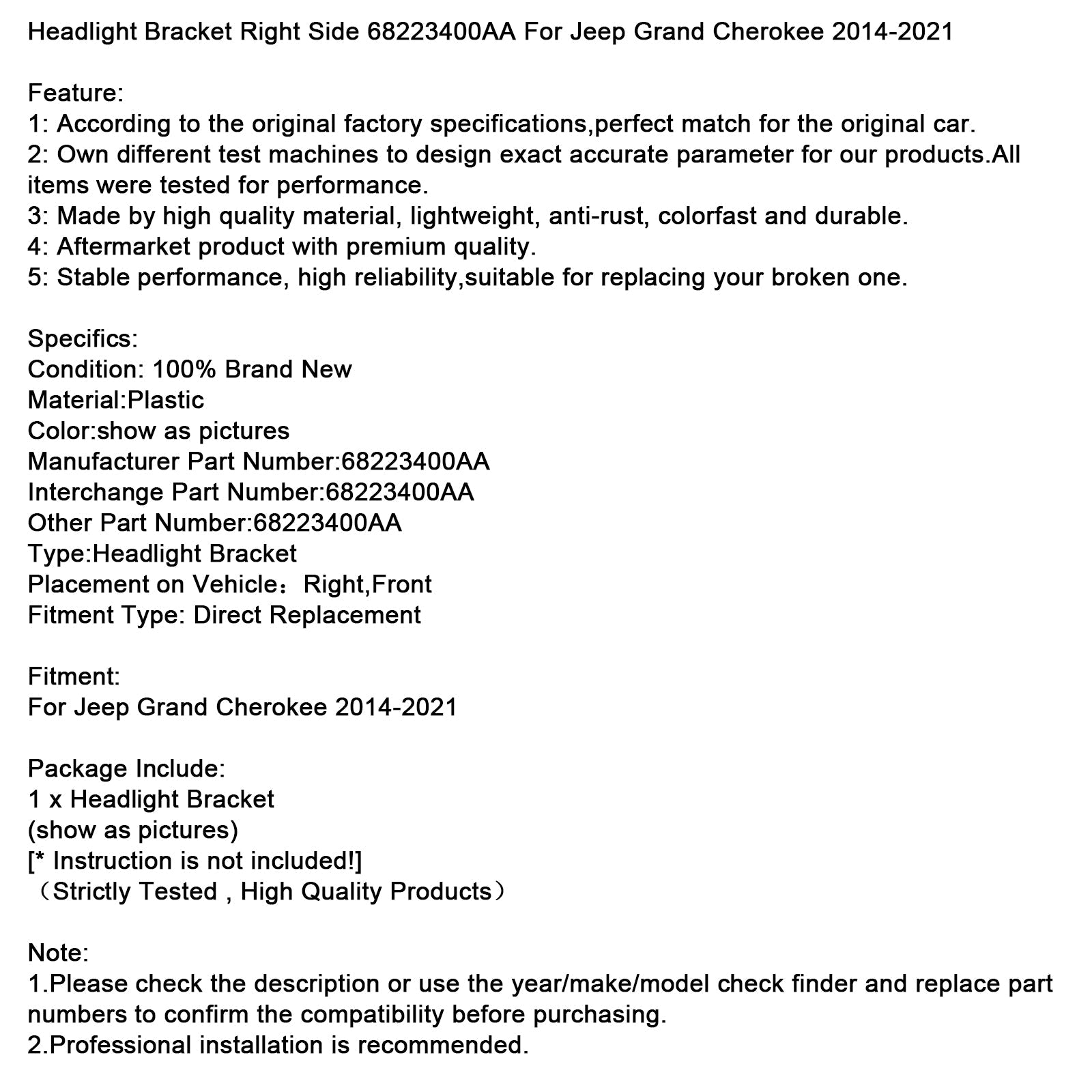 Staffa faro destro per Jeep Grand Cherokee 2014-2021, codice articolo 68223400AA