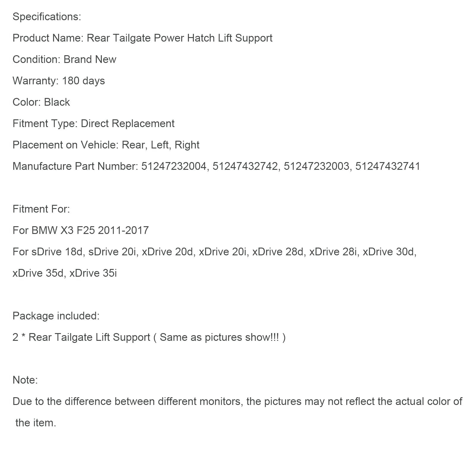 BMW X3 F25 2011-2017 2 pièces jambes de force de hayon électrique gauche et droite gaz 51247232003