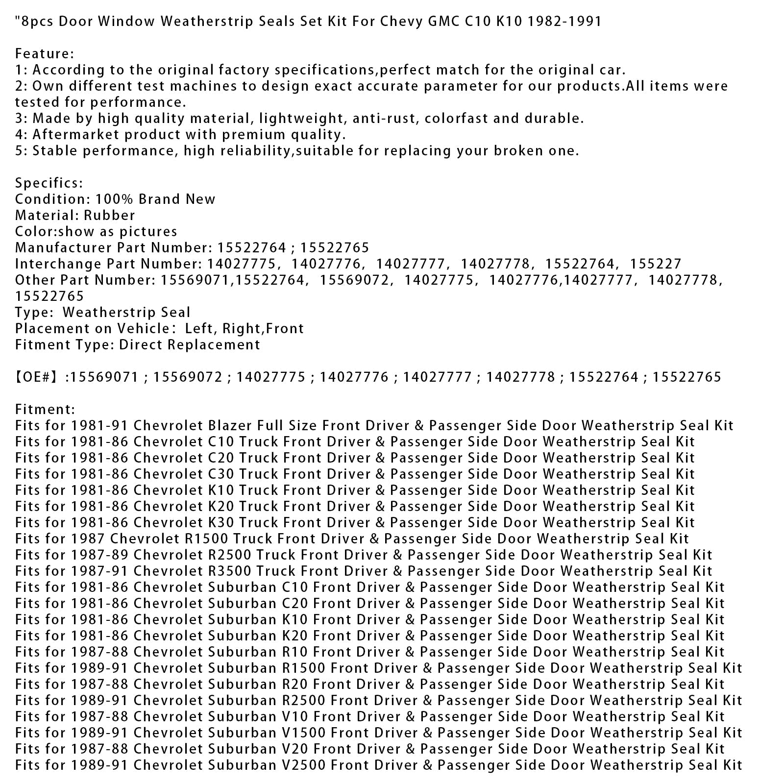 Kit di sigillo per porte e finestre per Chevy GMC C10 K10 1982-1991