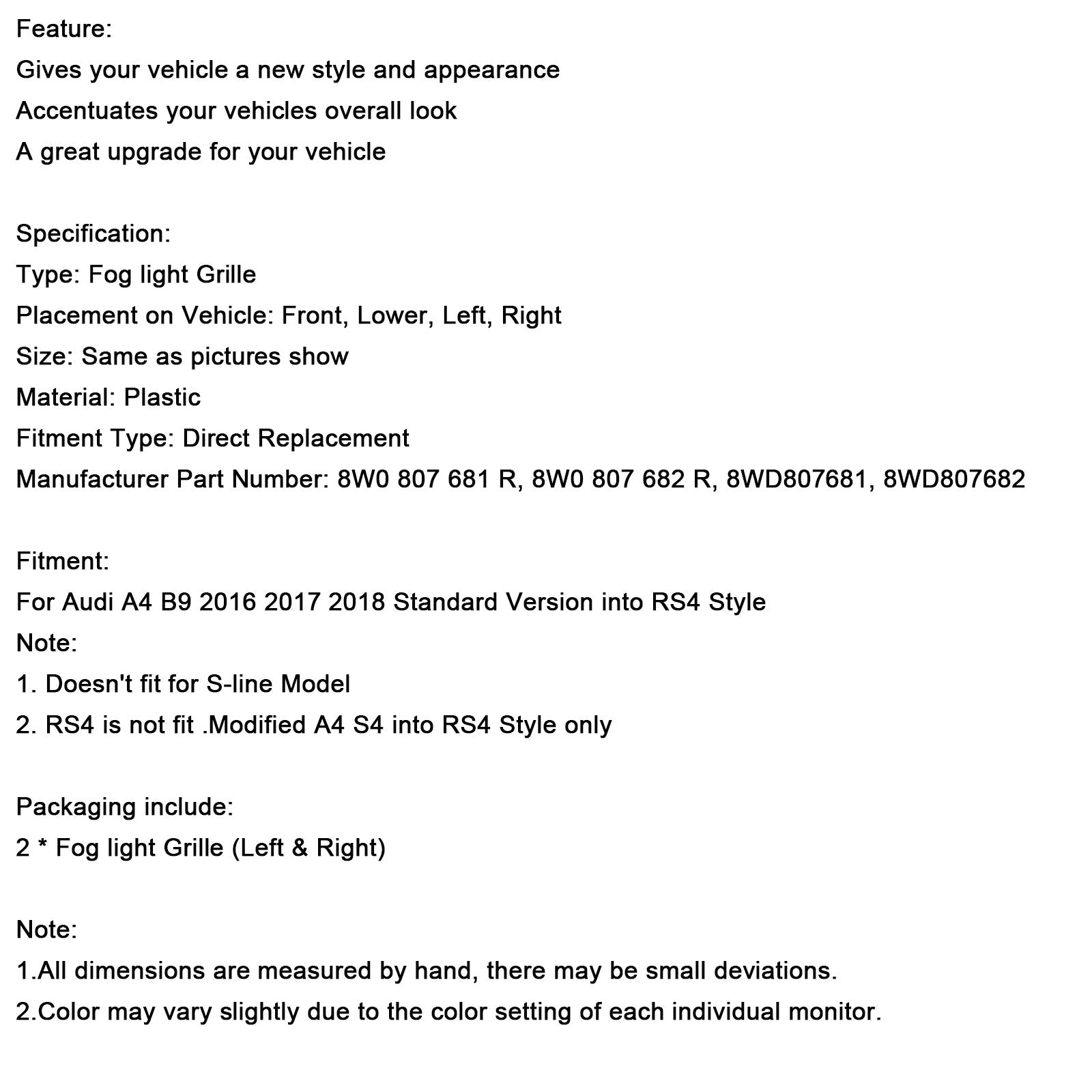 Lower bumperrooster voor mistlamp vooraan vóór Audi A4 B9 2016-2018, 2 stuks