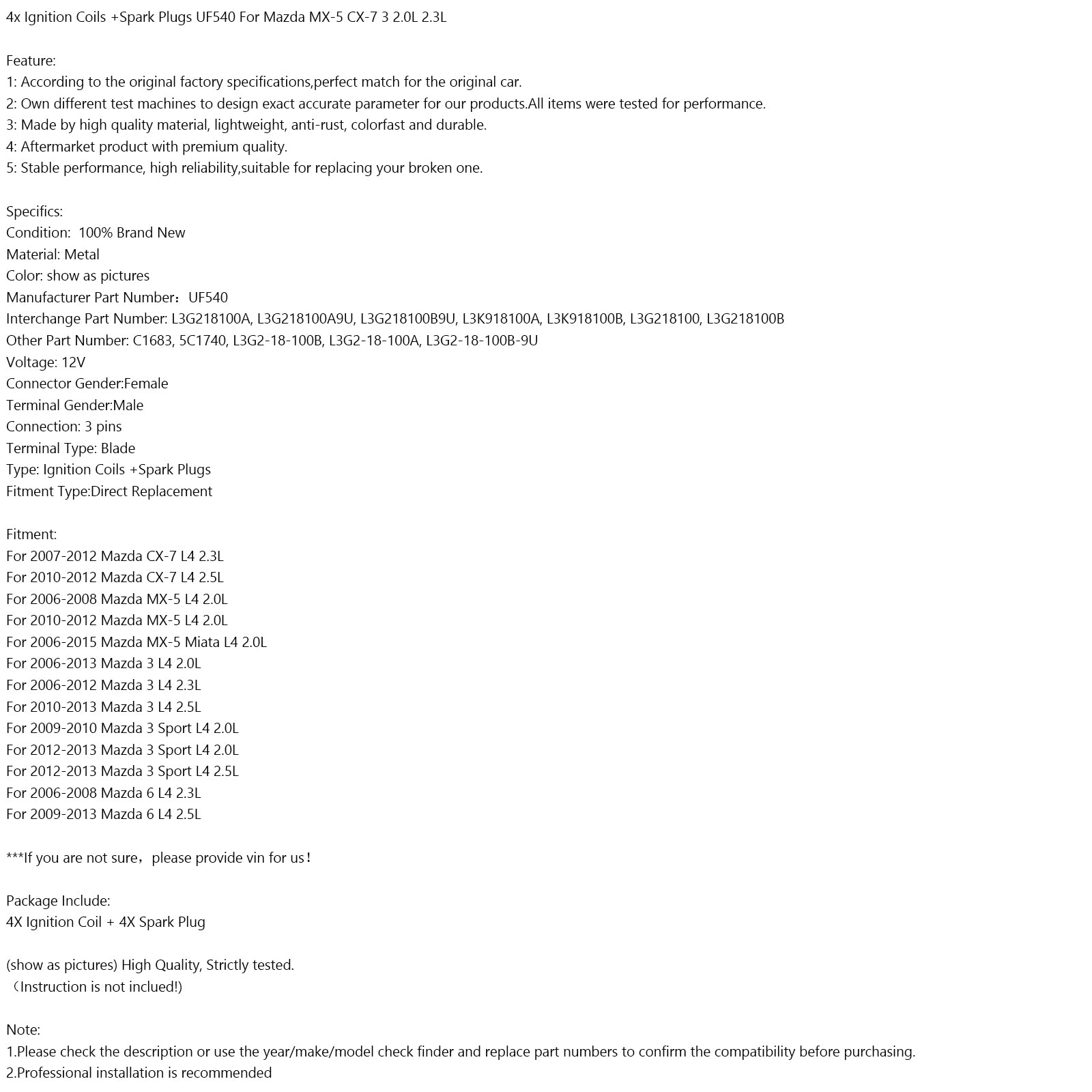 Gioco di 4 bobine e candele di accensione - compatibile UF540, L3G218100A, L3G218100A9U - NUOVO