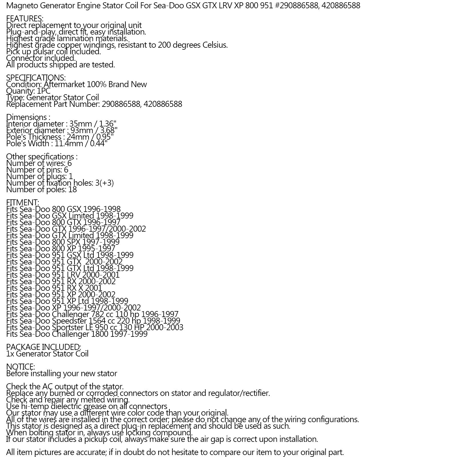 Statore Magneto Per SeaDoo 800 951 GTX GSX SPX RX XP 95-03 290886588/ 420886588