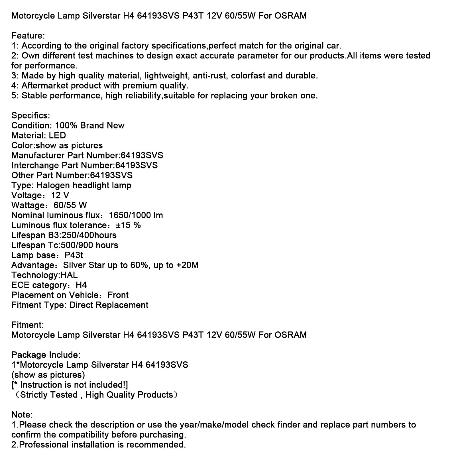 Ampoule moto Silverstar H4 64193SVS P43T 12 V 60/55 W pour OSRAM