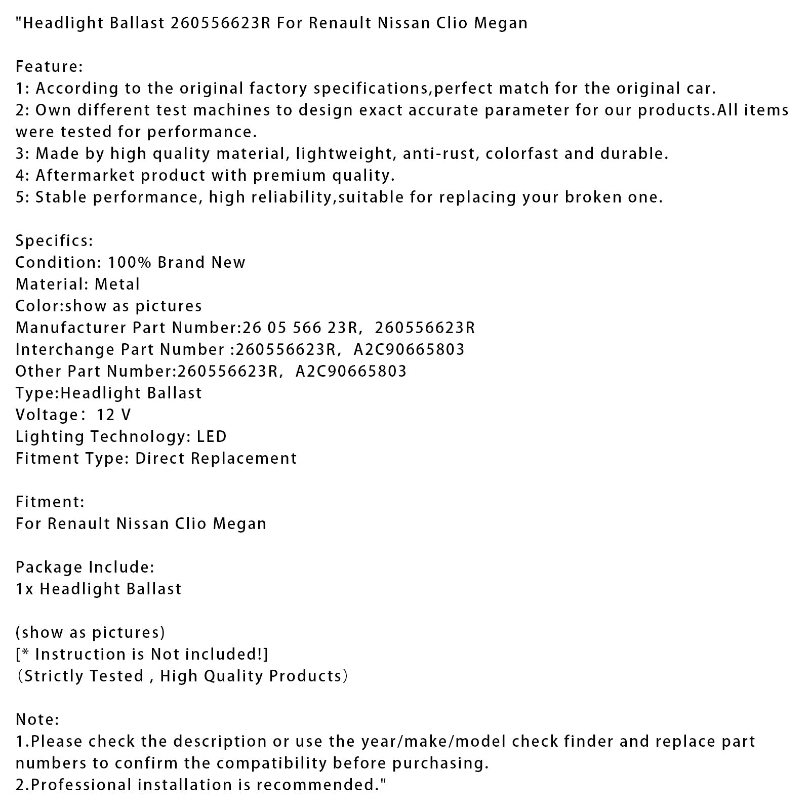 Balasto para faro 260556623R para Renault Nissan Clio Megan