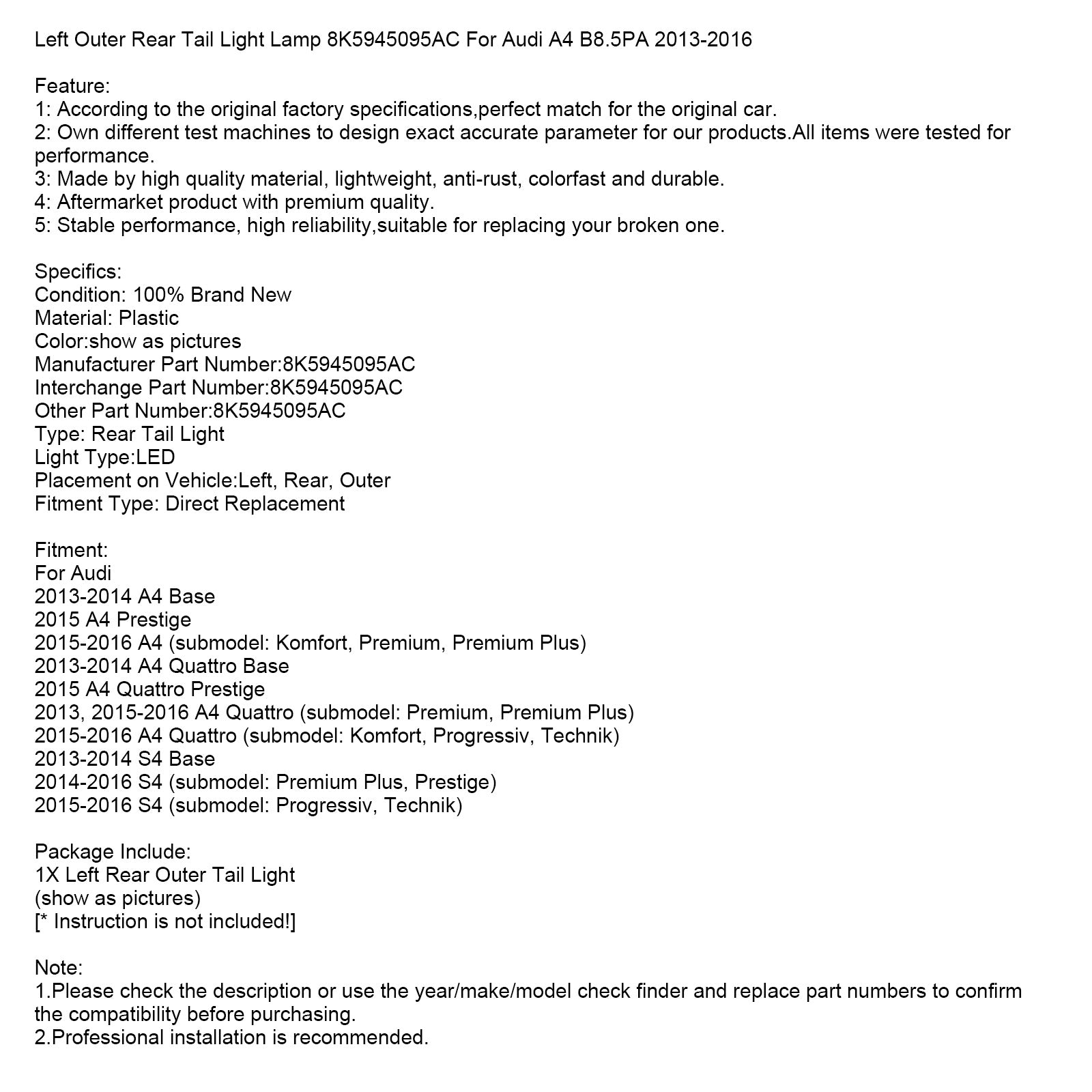 Outdoor sinistro posteriore a sinistra per Audi A4 B8.5PA 2013-2016 8K5945095AC