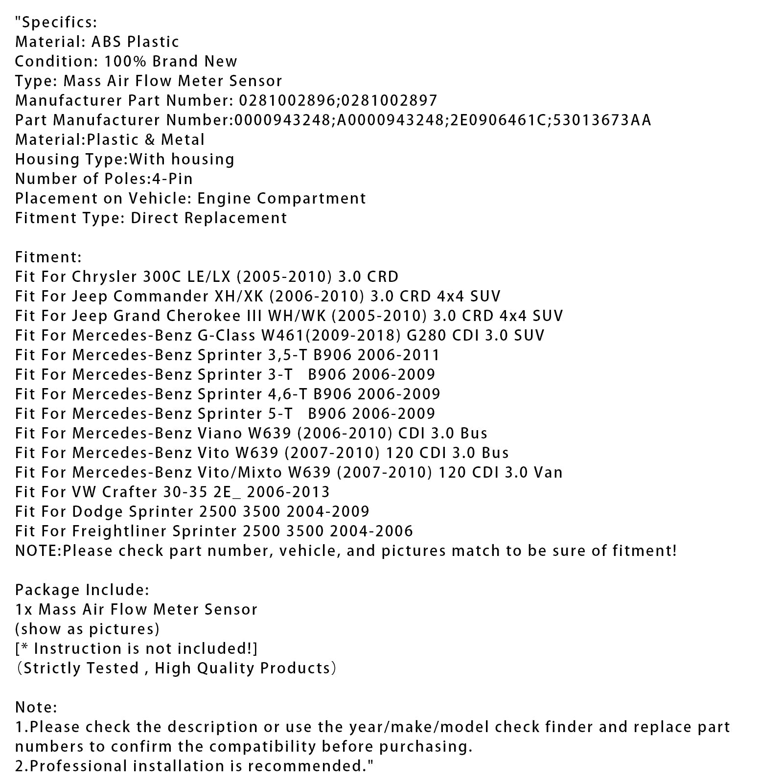 Senzor merilnika pretoka d'zračna masa za Mercedes-Benz Sprinter Jeep Crafter 0281002896