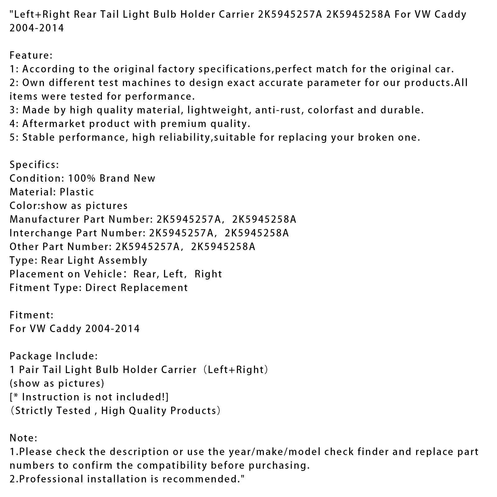 Podpora d&Žarnica leve in desne zadnje luči za VW Caddy 2004-2014 2K5945257A 58A