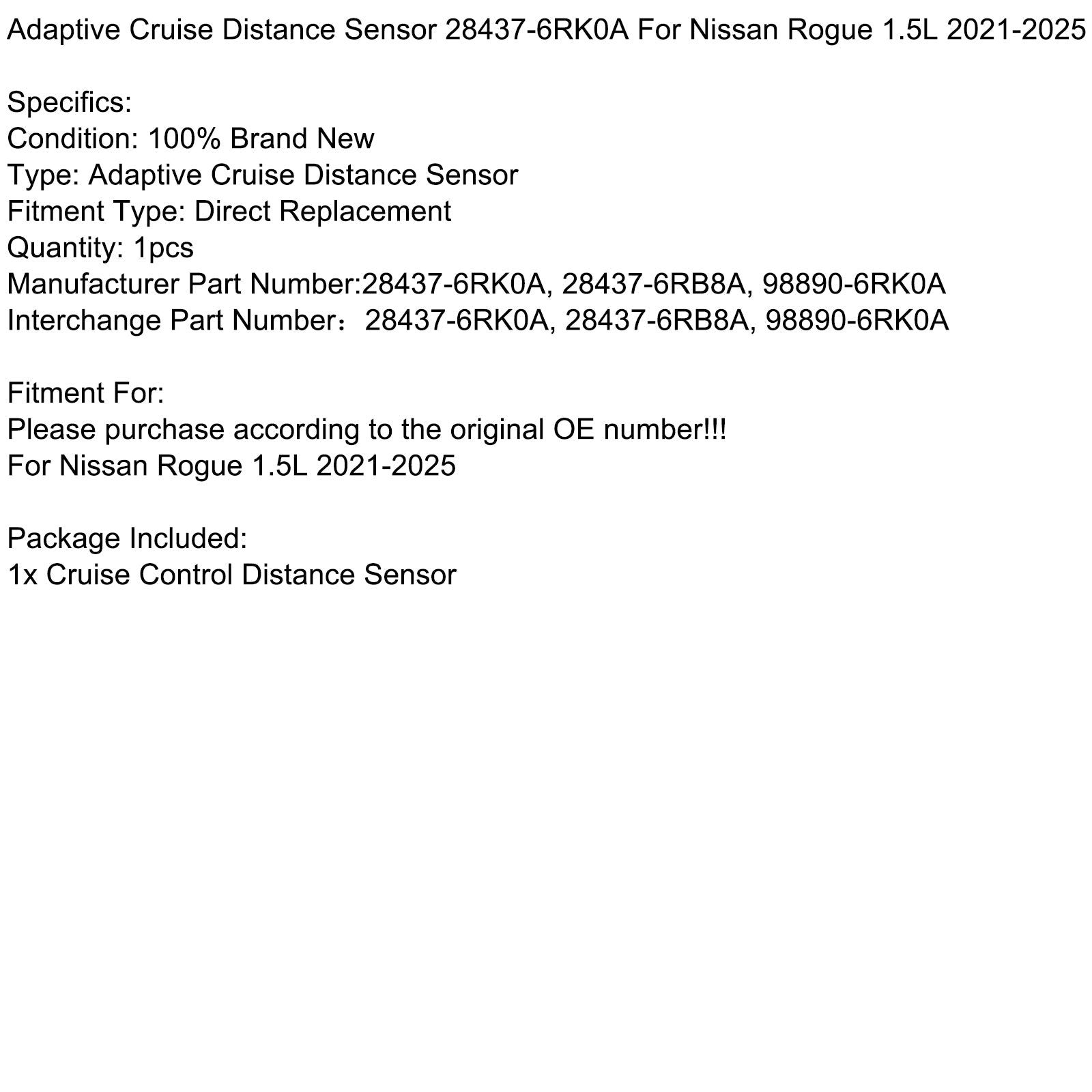 Adaptivni senzor za tempomat za Nissan Rogue 1,5 L 2021-2025 28437-6RK0A 28437-6RB8A