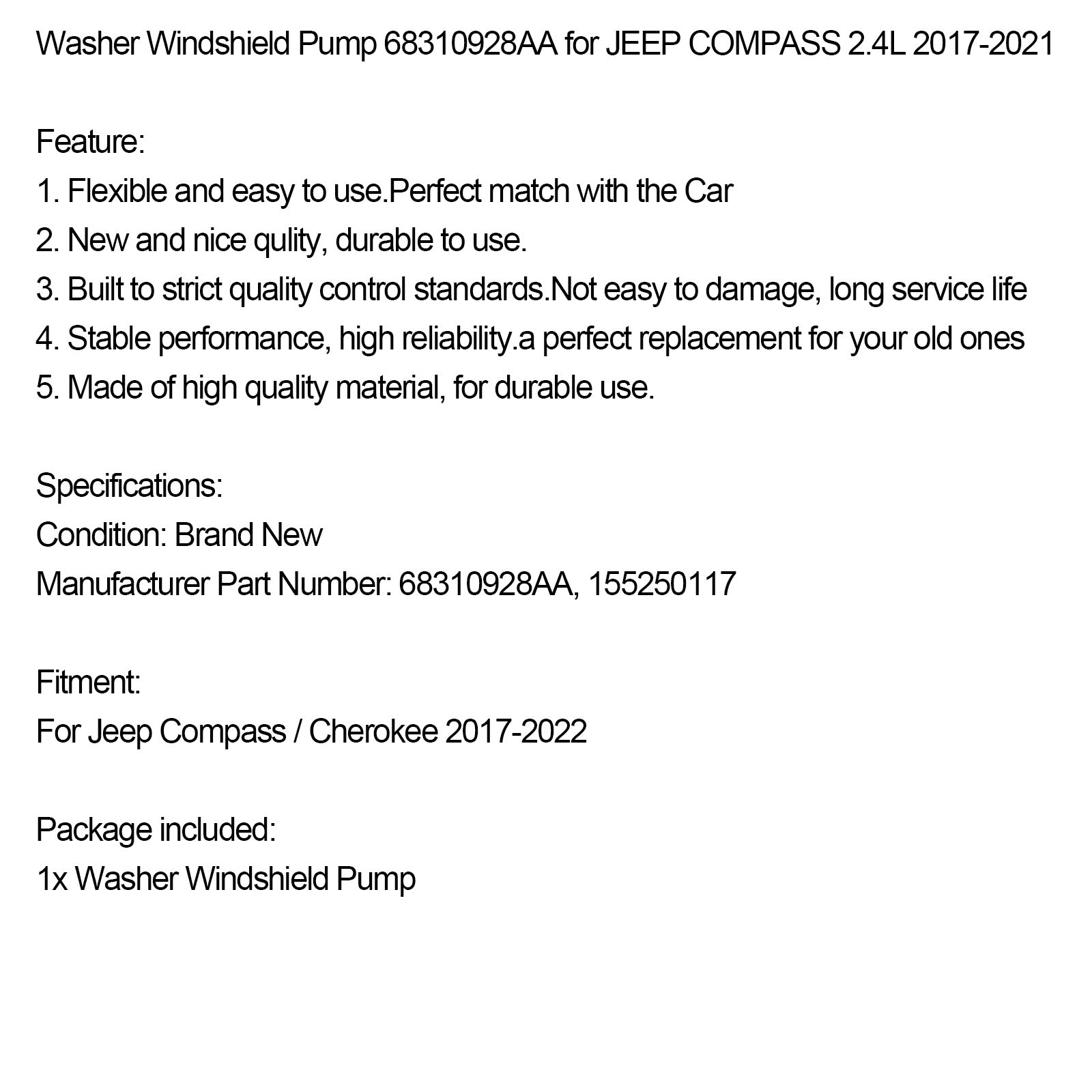 Pompka spryskiwacza przedniej szyby 68310928AA dla JEEP COMPASS 2.4L 2017-2021