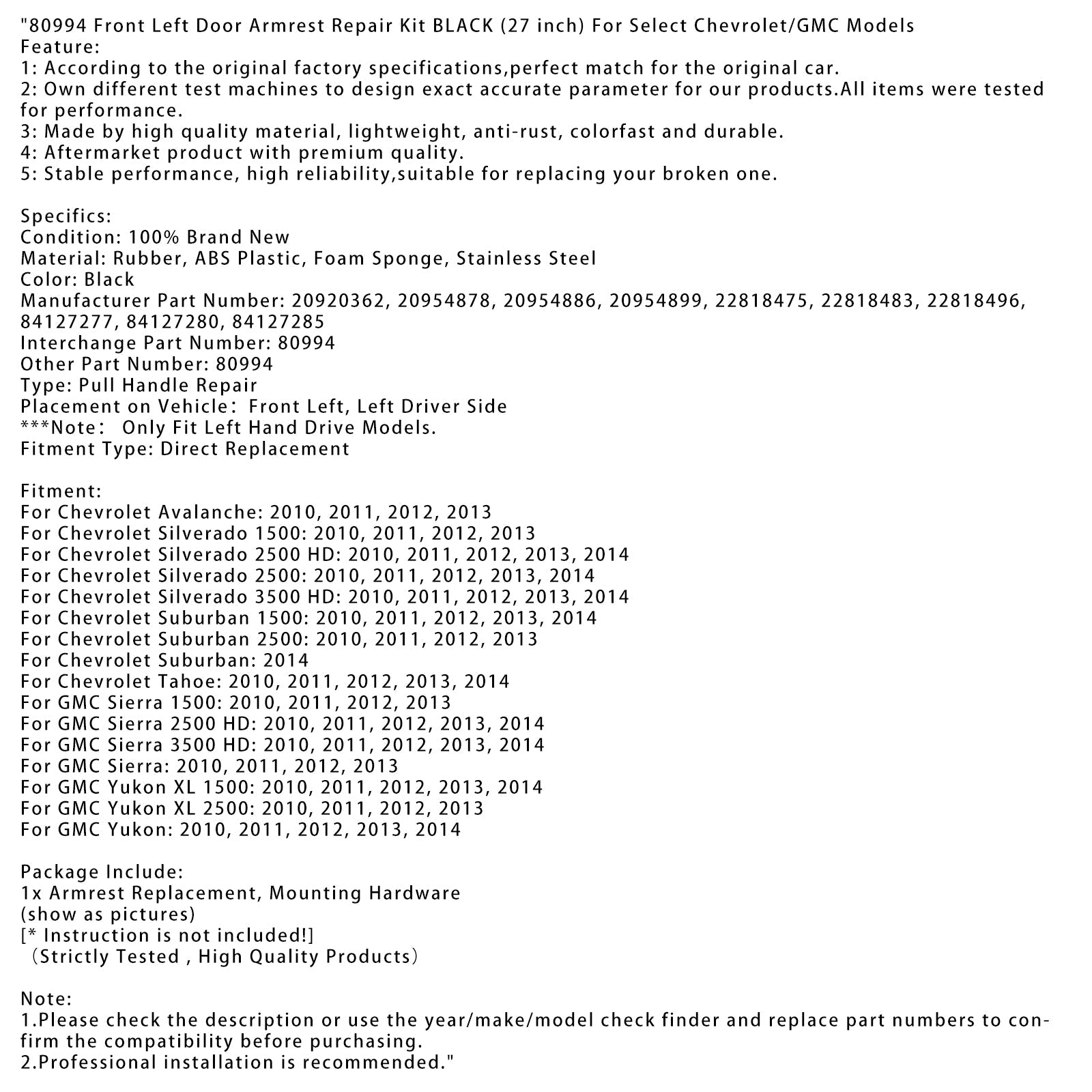 Kit della porta anteriore sinistra bracciolo 80994 nero (27 pollici) per Chevrolet/GMC