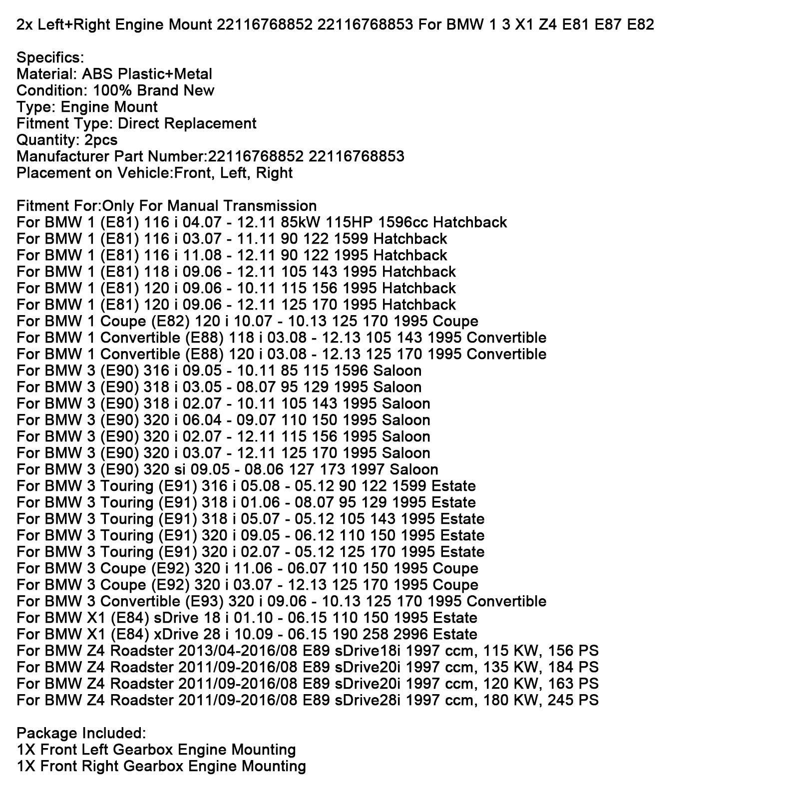 2x Wsparcie lewego silnika + prawe 22116768852 22116768853 dla BMW 1 3 x1 Z4 E81 E87 E82