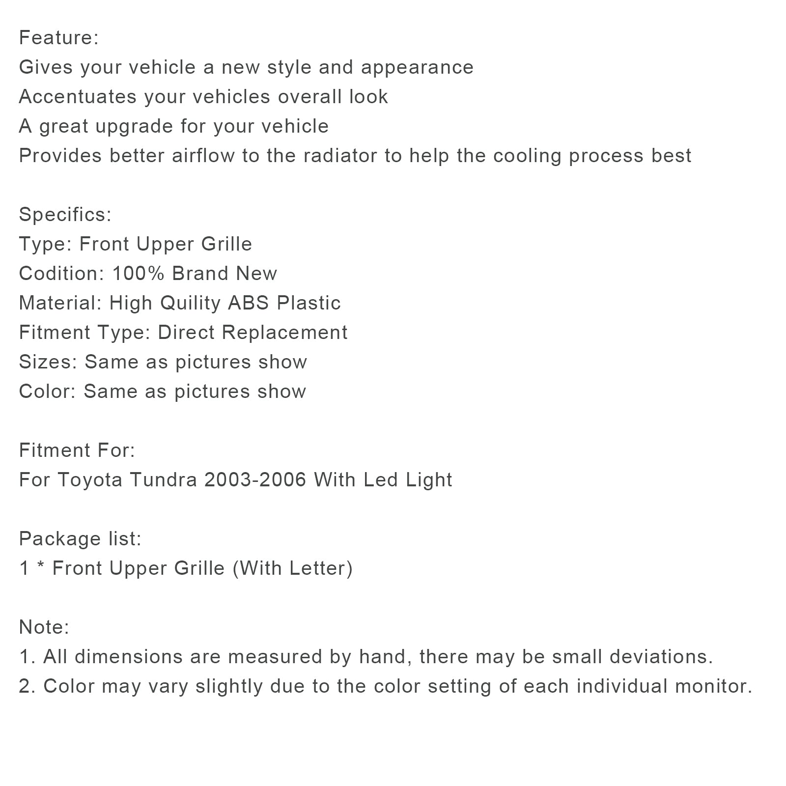 Griglia del paraurti anteriore nera opaca leggera per Toyota Tundra 2003-2006