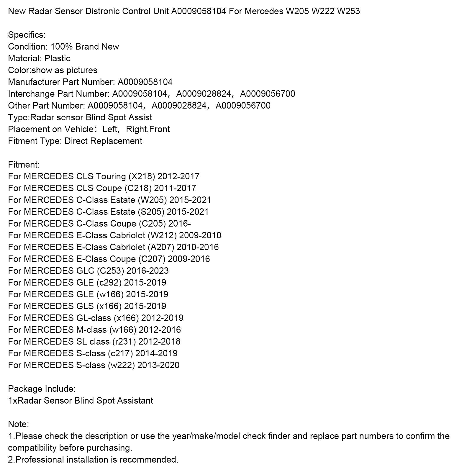 Mercedes Class C Break (S205) 2015-2021, nov radarski senzor, Disonic A0009058104 Krmilna enota