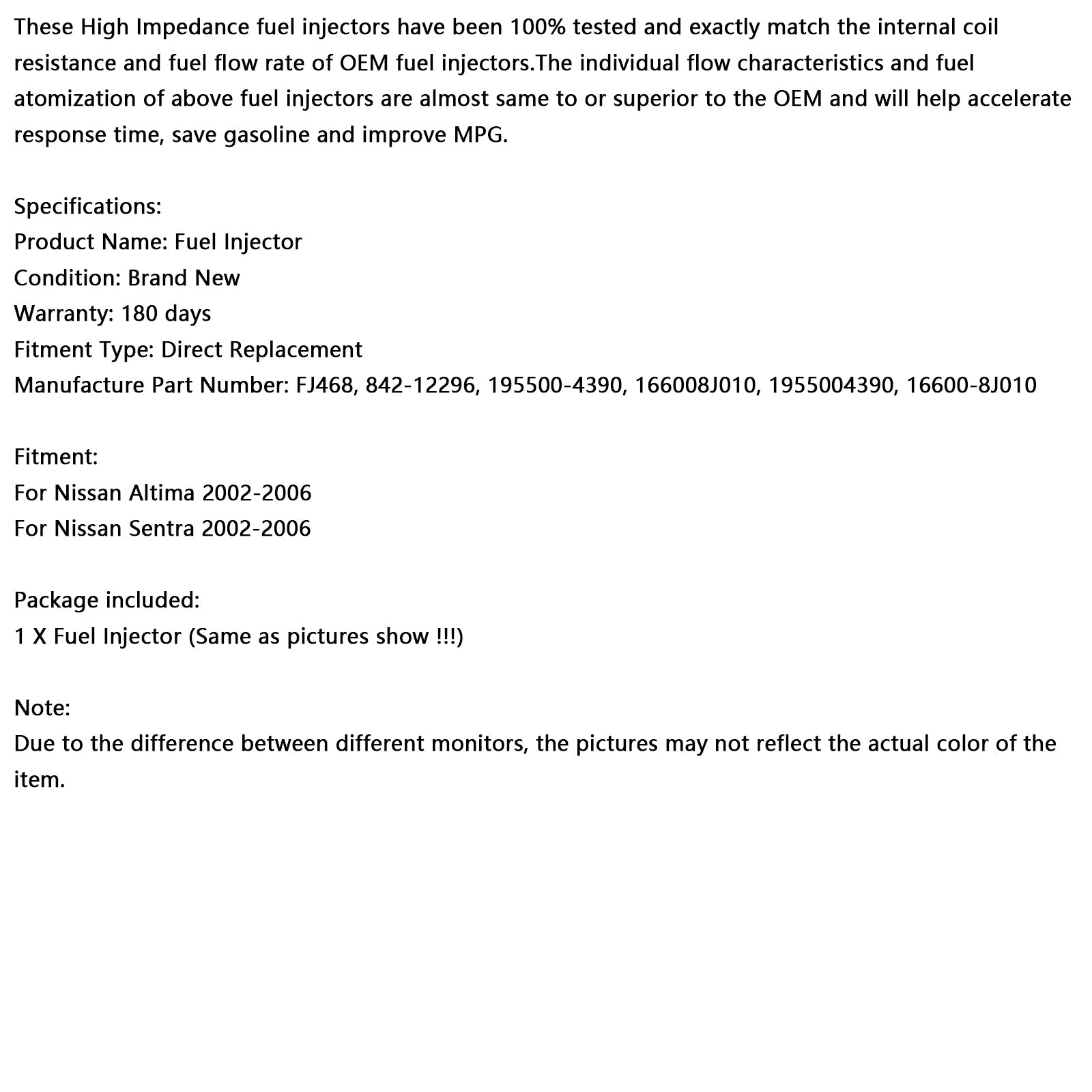 Iniettore di carburante da 1 pezzi 195500-4390 per Nissan Altima Sentra 2,5 L 2002-2006